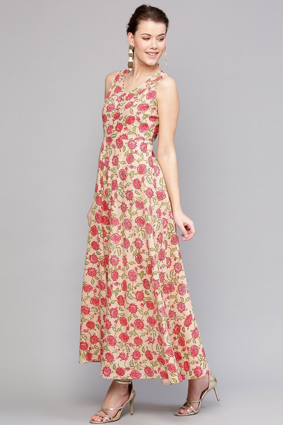 Women's Beige Pink Floral Sleeveless Flared Maxi - SASSAFRAS