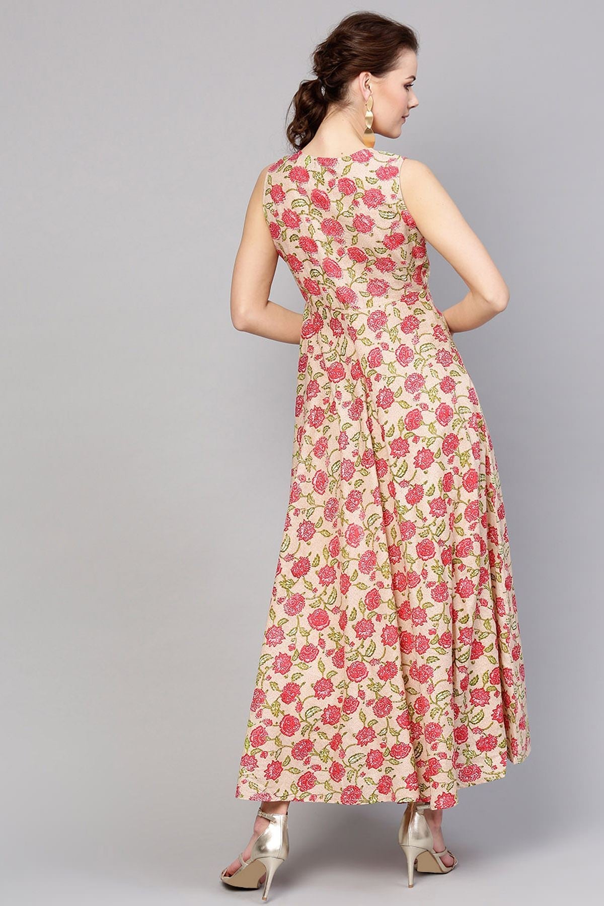 Women's Beige Pink Floral Sleeveless Flared Maxi - SASSAFRAS