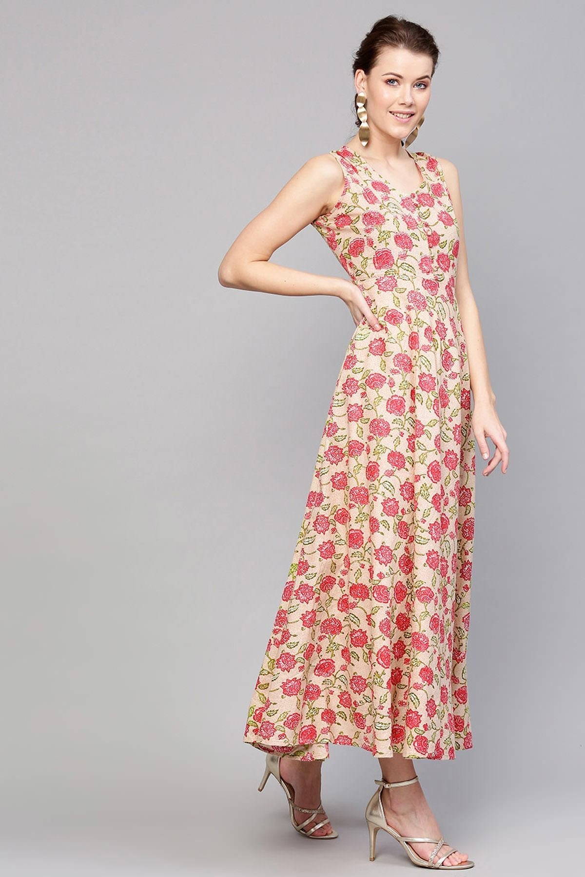 Women's Beige Pink Floral Sleeveless Flared Maxi - SASSAFRAS