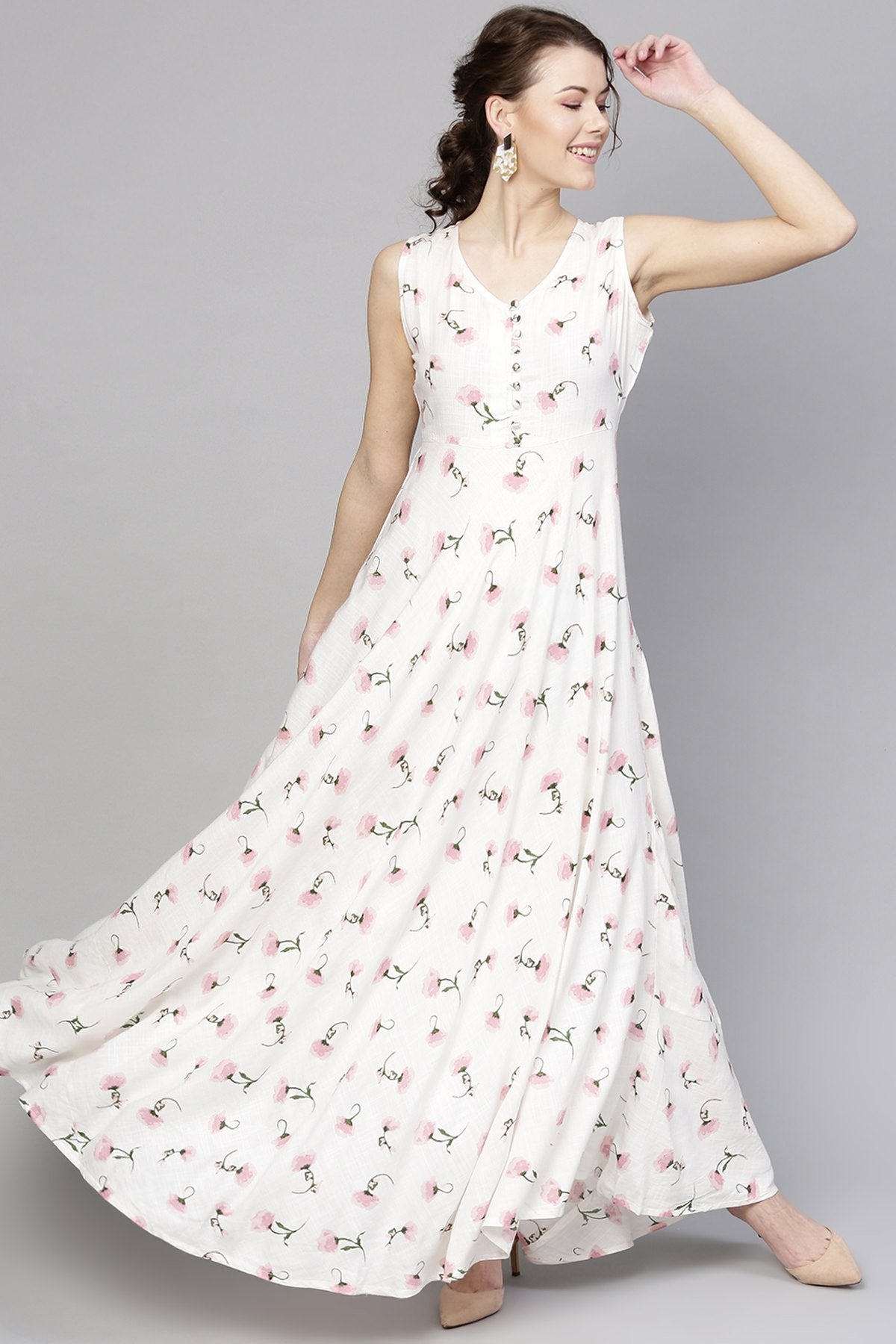 Women's White Floral Sleeveless Flared Maxi - SASSAFRAS