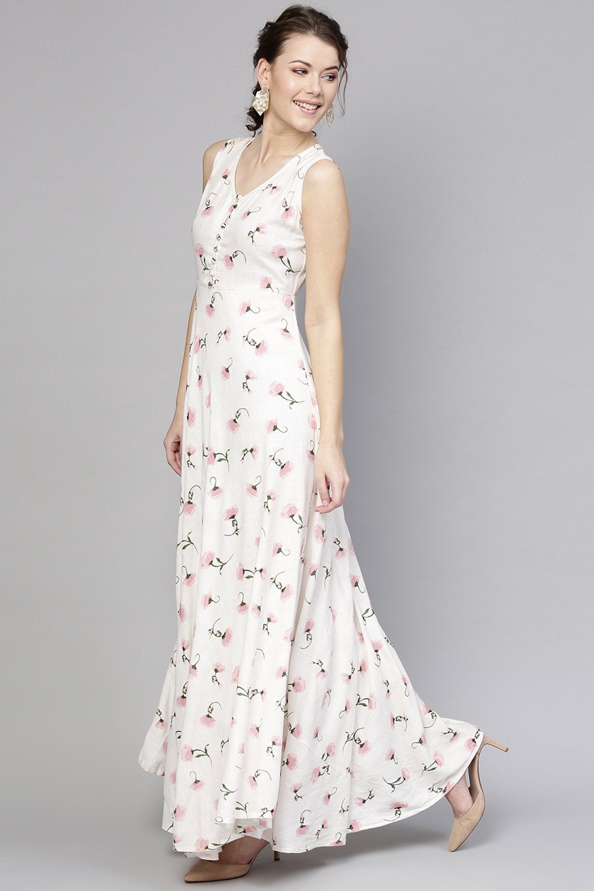 Women's White Floral Sleeveless Flared Maxi - SASSAFRAS