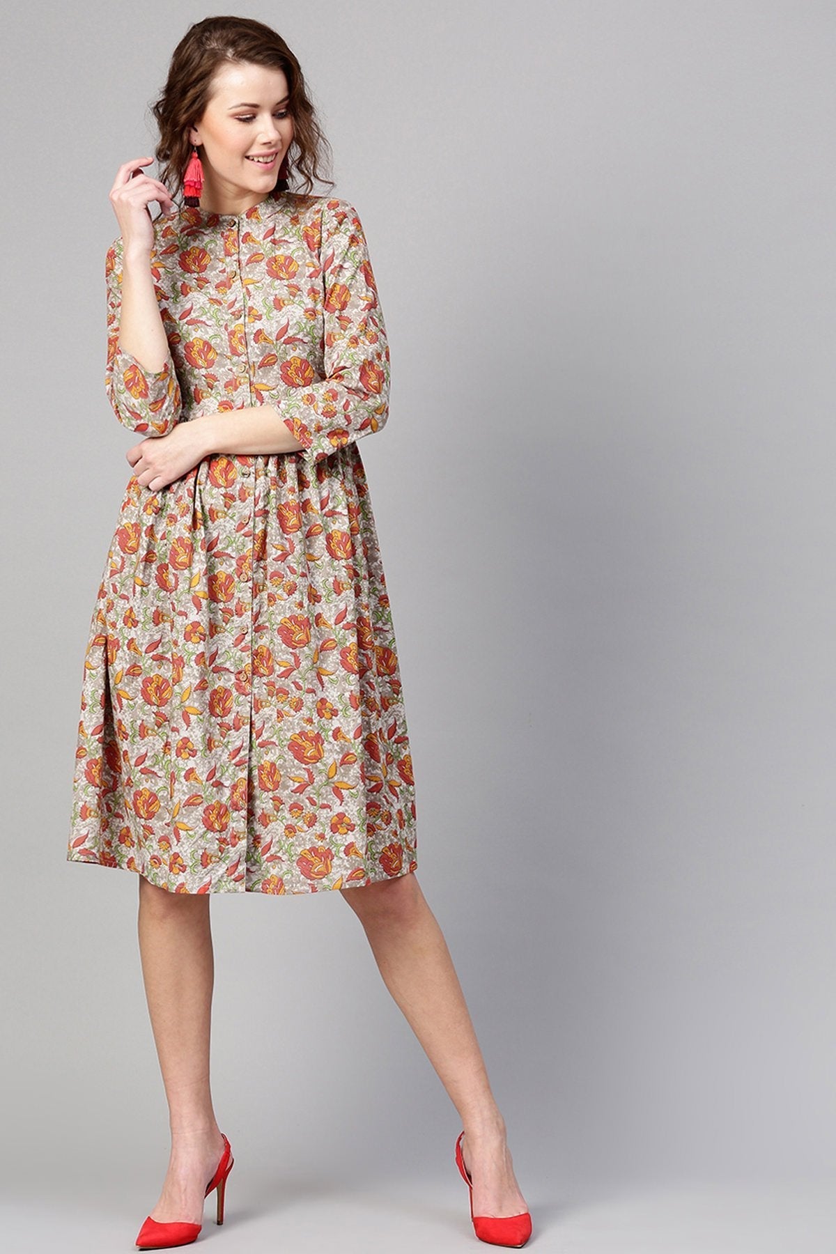 Women's Grey Orange Floral Front Placket Dress - SASSAFRAS