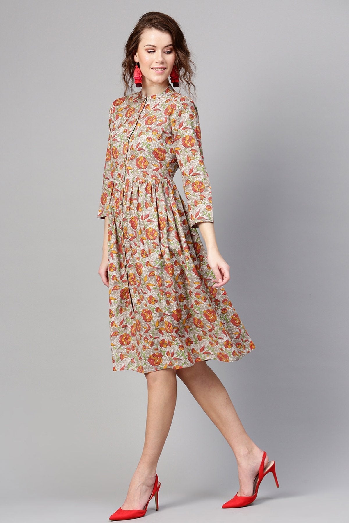 Women's Grey Orange Floral Front Placket Dress - SASSAFRAS