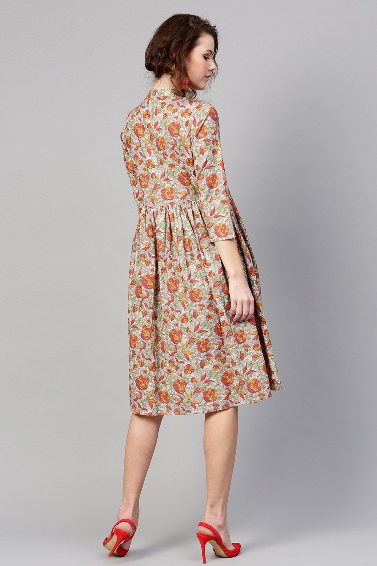 Women's Grey Orange Floral Front Placket Dress - SASSAFRAS