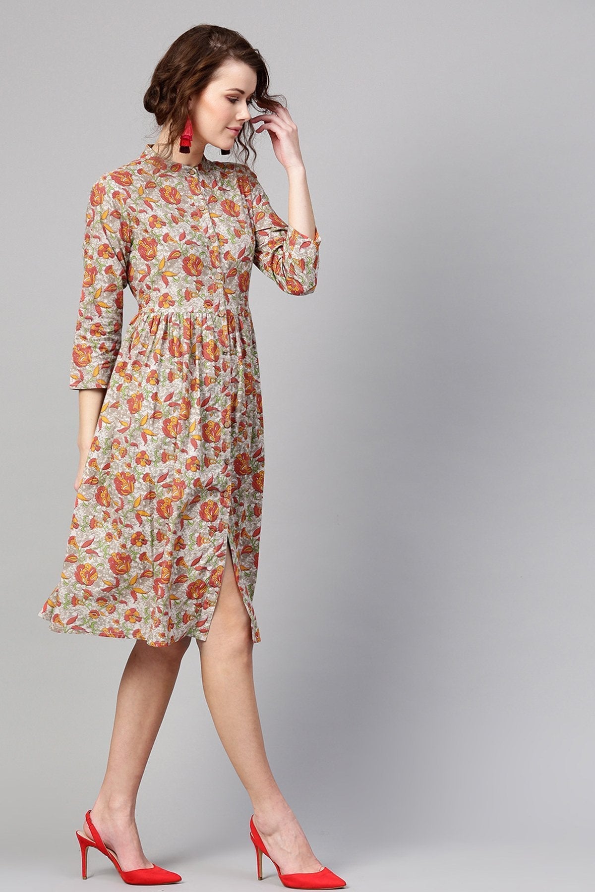 Women's Grey Orange Floral Front Placket Dress - SASSAFRAS