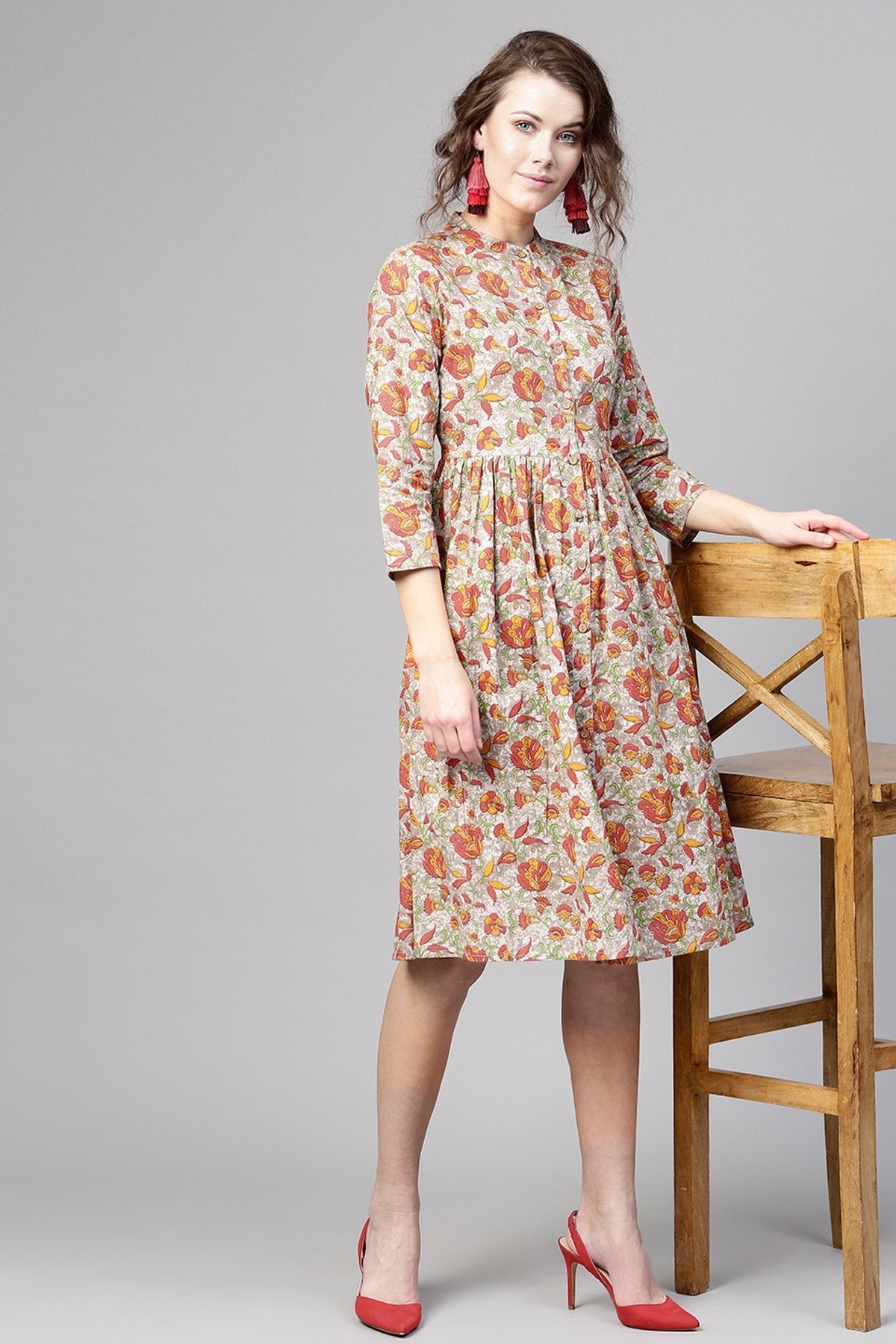 Women's Grey Orange Floral Front Placket Dress - SASSAFRAS