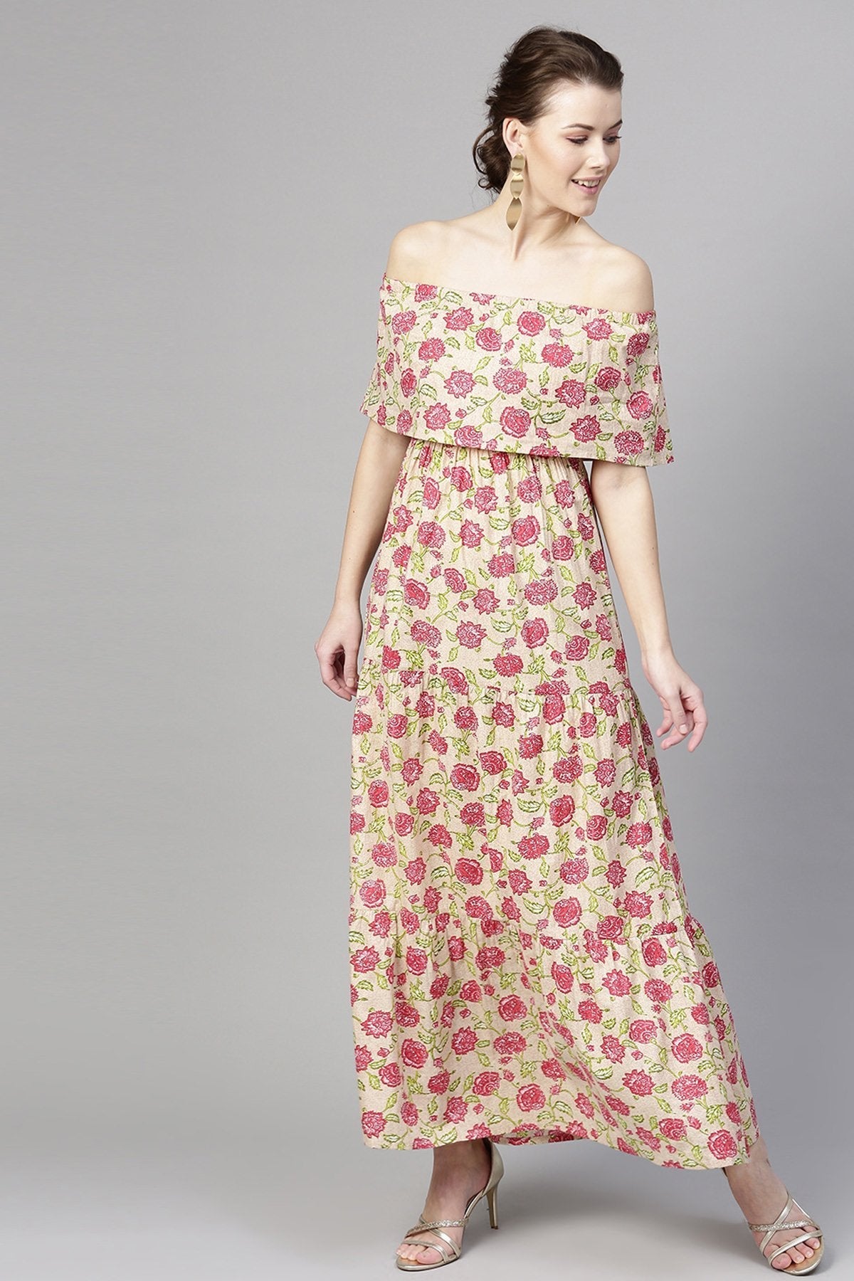 Women's Beige Pink Floral Off Shoulder Tiered Maxi - SASSAFRAS