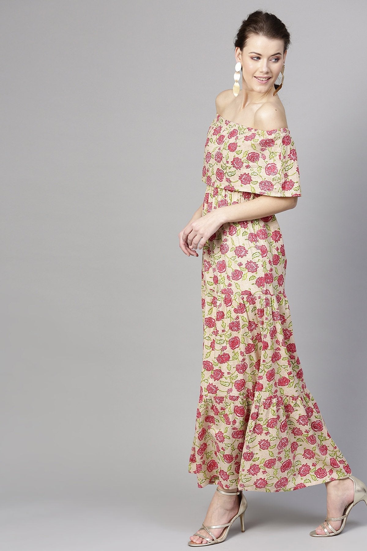 Women's Beige Pink Floral Off Shoulder Tiered Maxi - SASSAFRAS