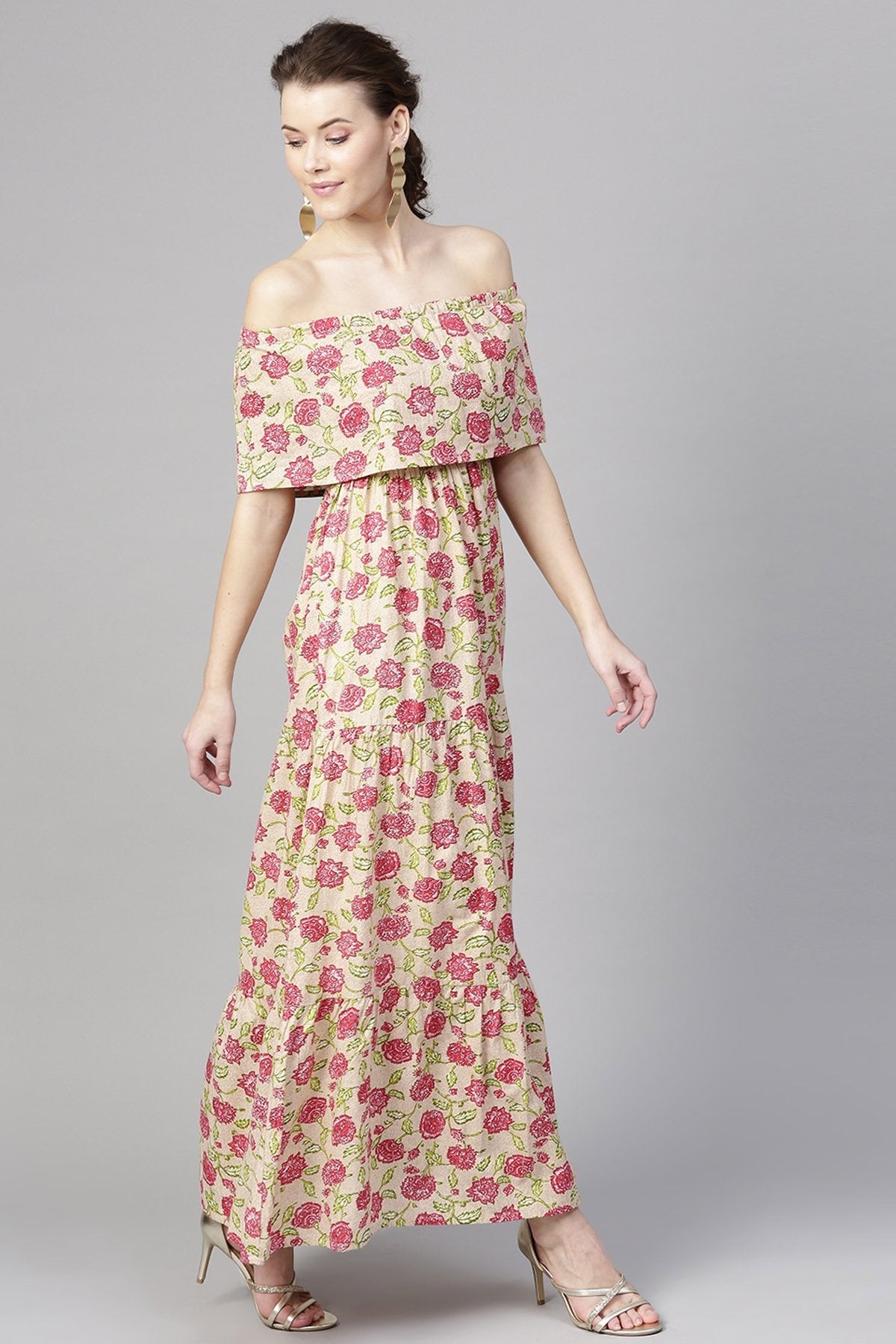 Women's Beige Pink Floral Off Shoulder Tiered Maxi - SASSAFRAS