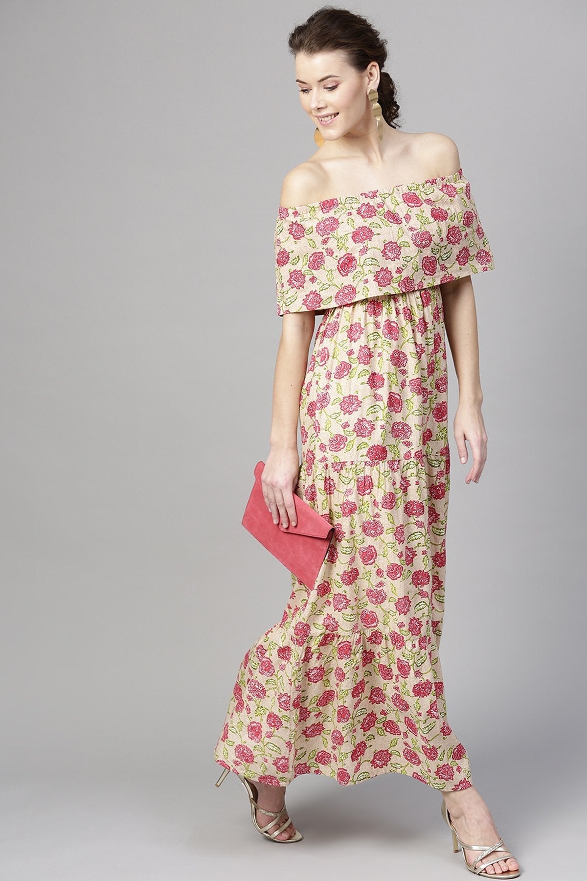 Women's Beige Pink Floral Off Shoulder Tiered Maxi - SASSAFRAS