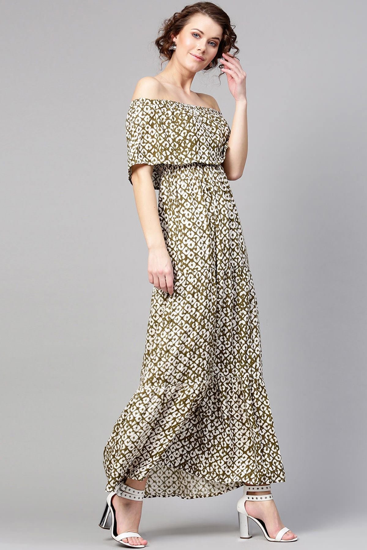 Women's Olive Geo Print Off Shoulder Tiered Maxi - SASSAFRAS