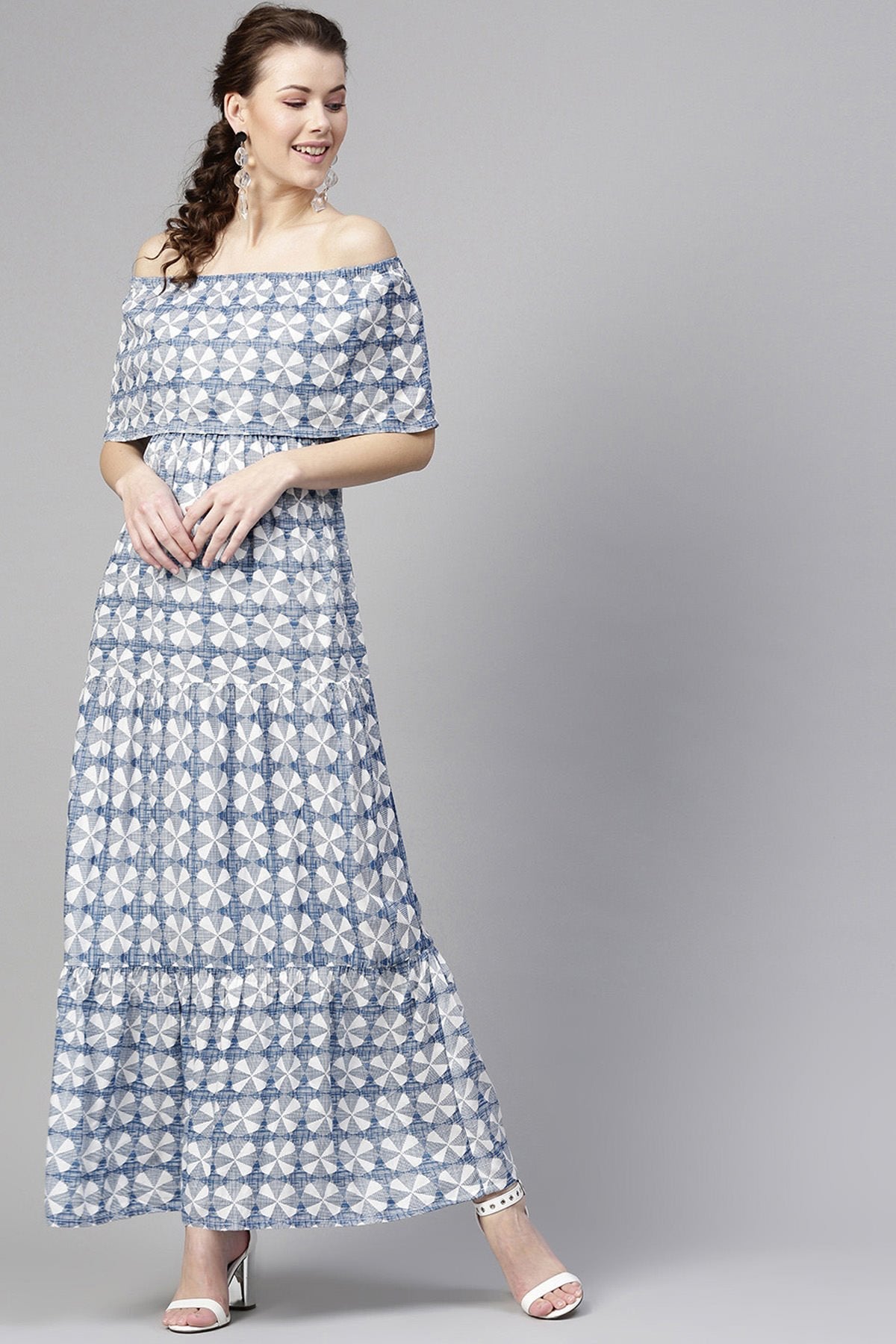 Women's Blue Geo Print Off Shoulder Tiered Maxi - SASSAFRAS