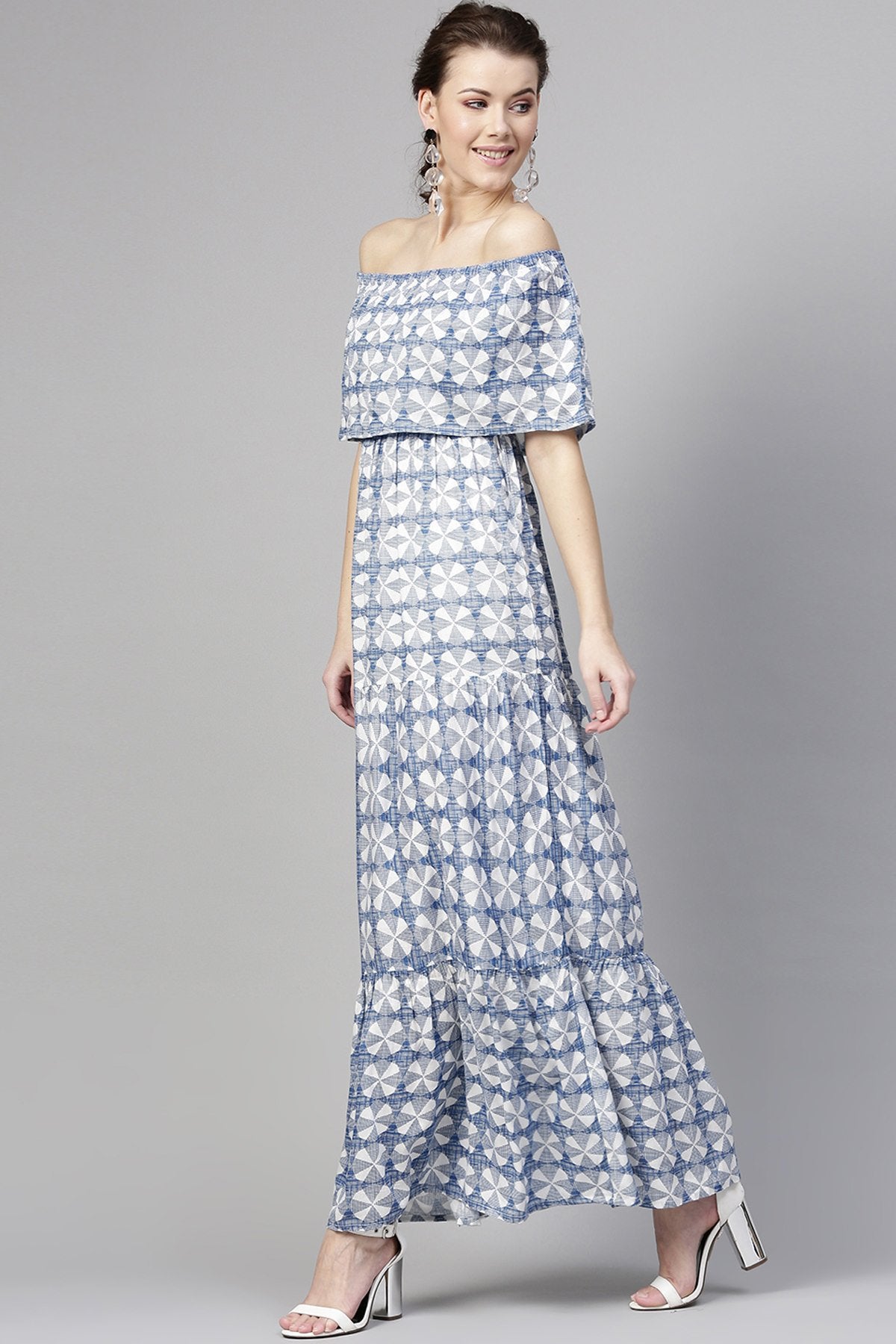 Women's Blue Geo Print Off Shoulder Tiered Maxi - SASSAFRAS