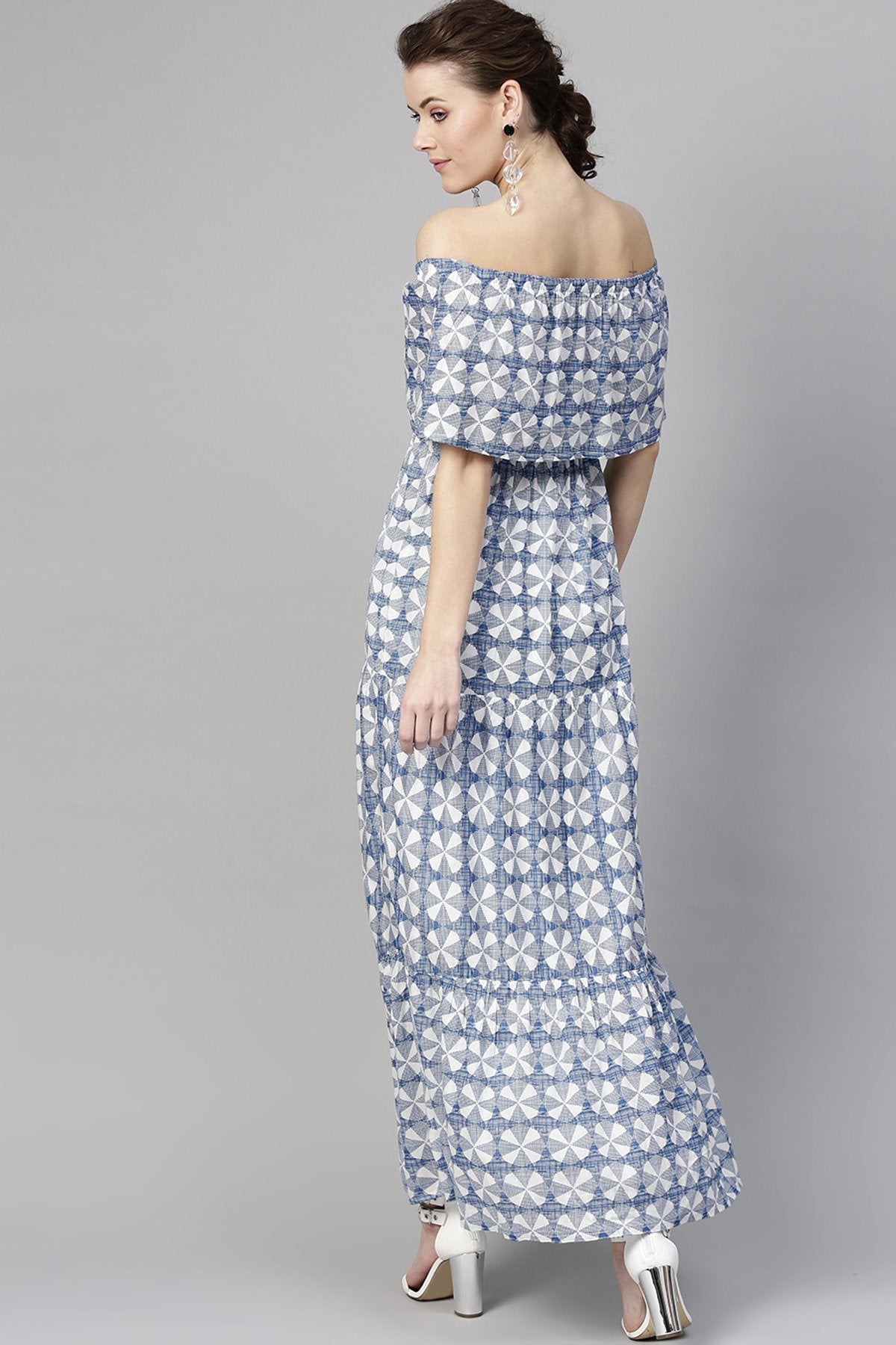 Women's Blue Geo Print Off Shoulder Tiered Maxi - SASSAFRAS