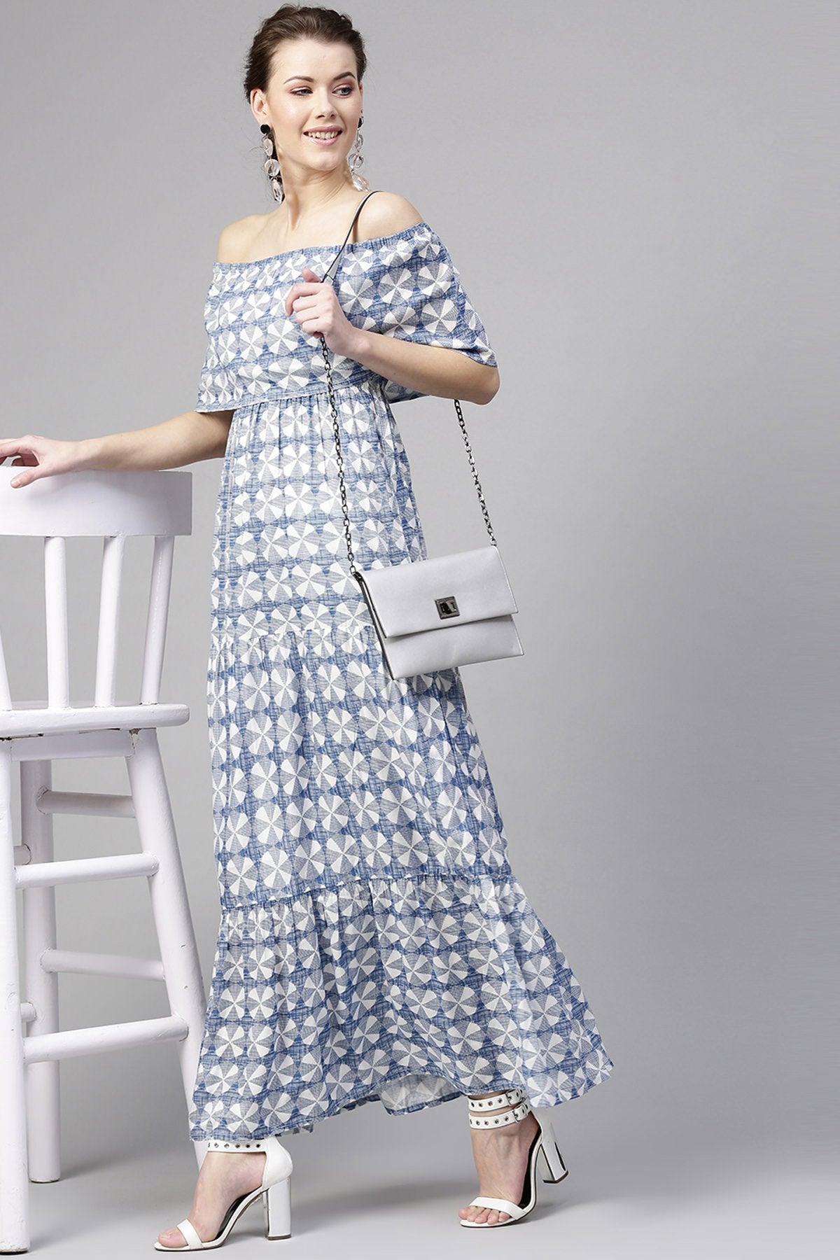 Women's Blue Geo Print Off Shoulder Tiered Maxi - SASSAFRAS