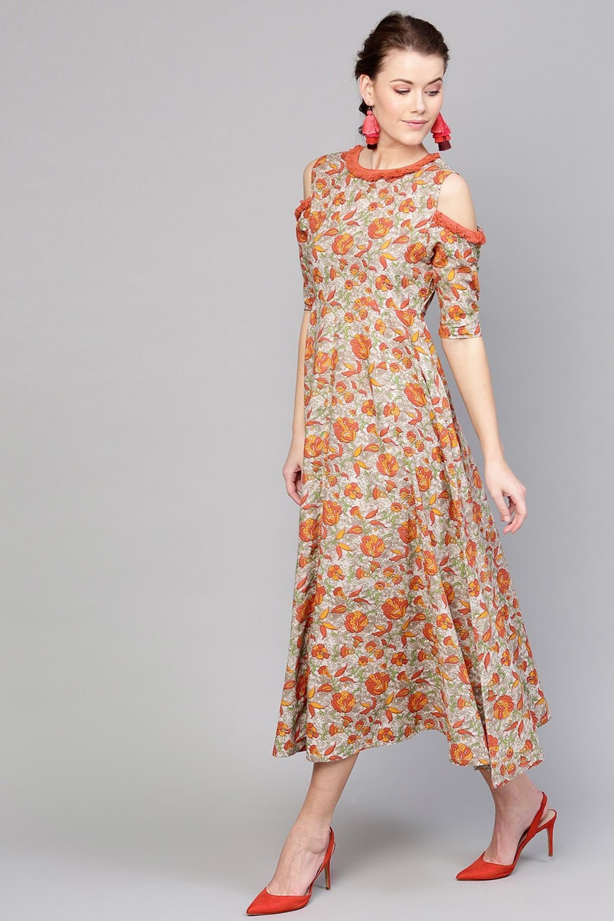 Women's Grey Orange Floral Cold Shoulder Maxi - SASSAFRAS