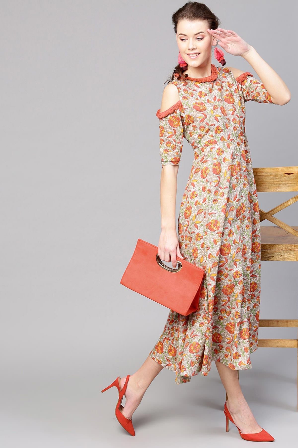 Women's Grey Orange Floral Cold Shoulder Maxi - SASSAFRAS