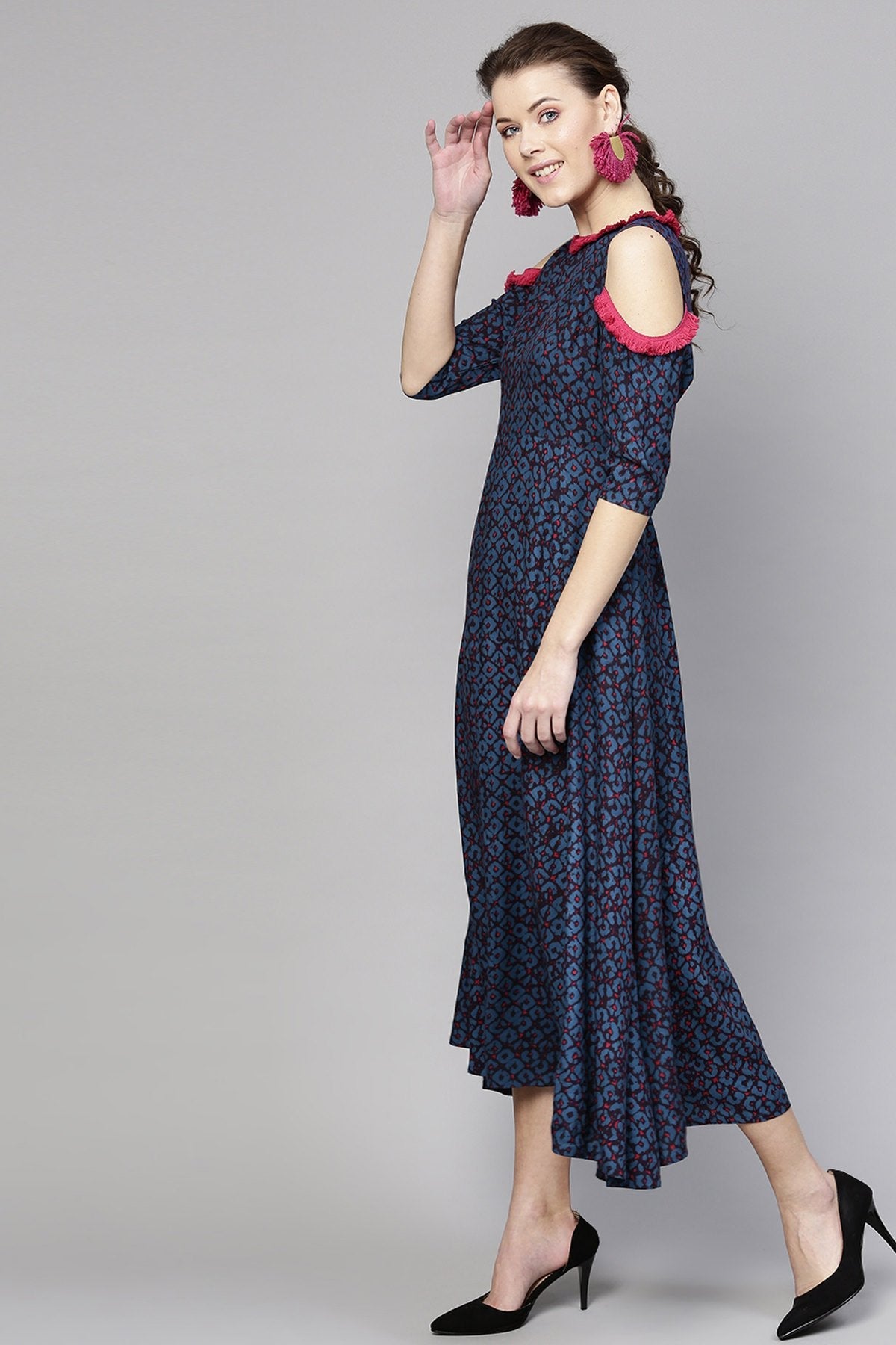 Women's Navy Geo Print Cold Shoulder Maxi - SASSAFRAS