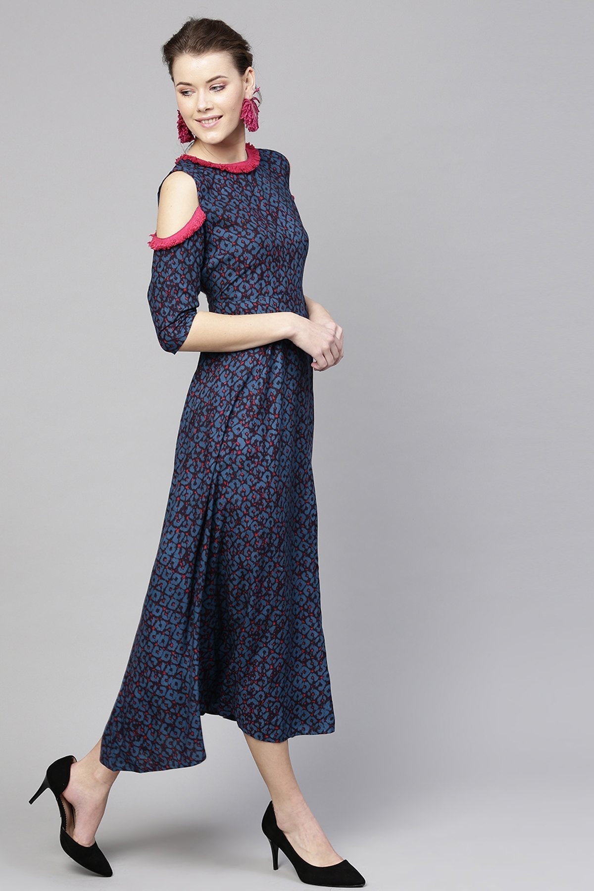 Women's Navy Geo Print Cold Shoulder Maxi - SASSAFRAS