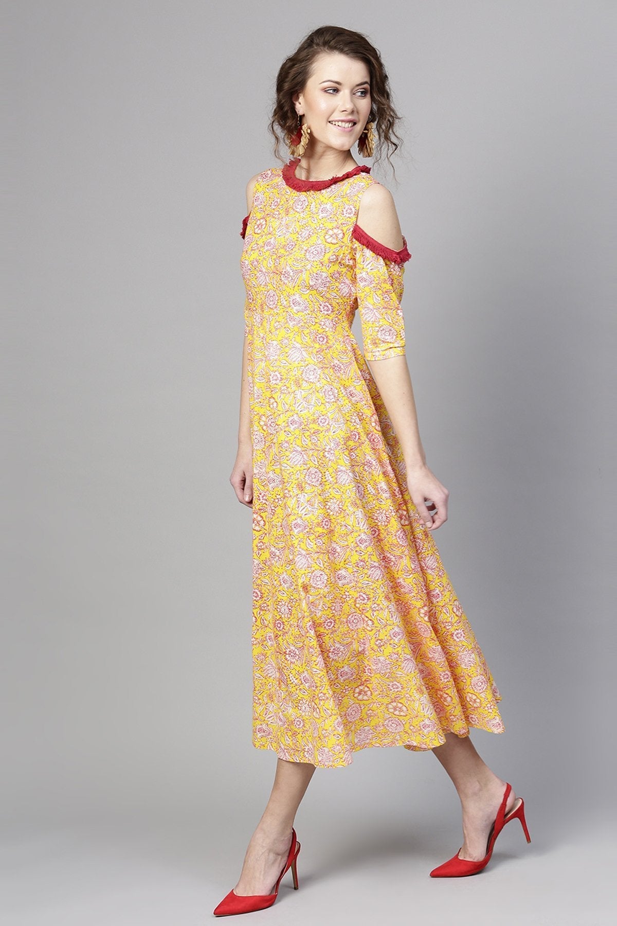 Women's Yellow Pink Floral Cold Shoulder Maxi - SASSAFRAS