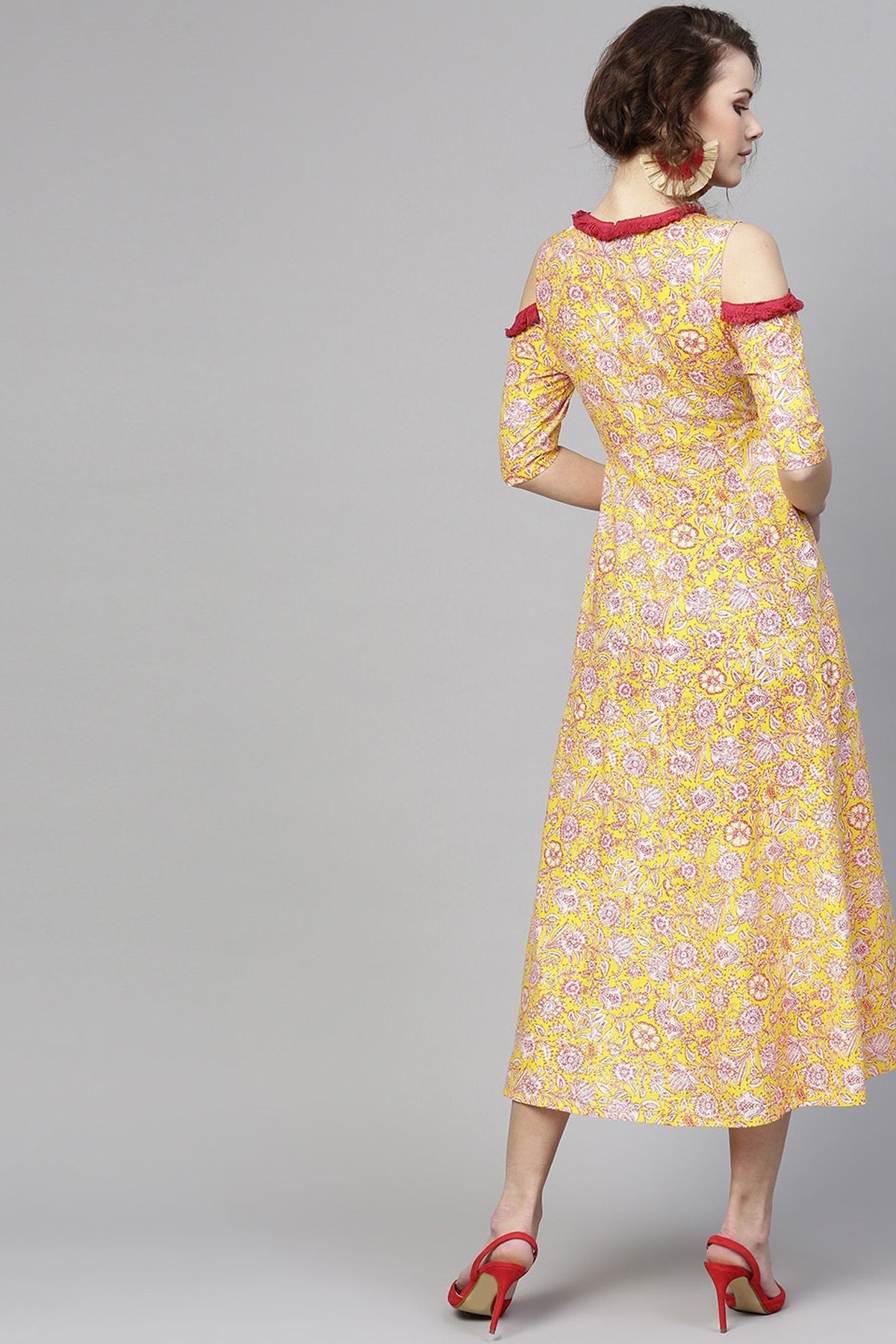 Women's Yellow Pink Floral Cold Shoulder Maxi - SASSAFRAS