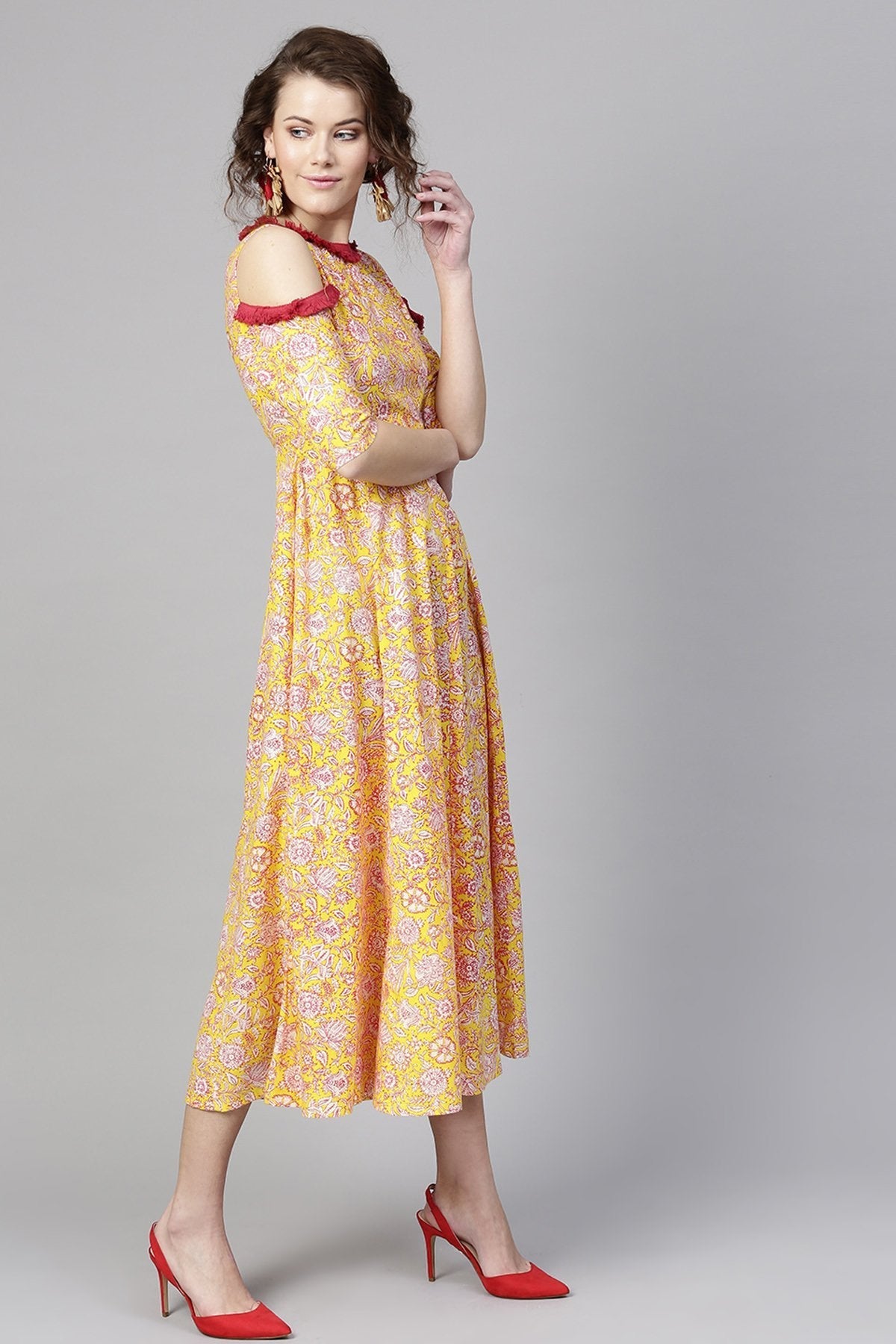 Women's Yellow Pink Floral Cold Shoulder Maxi - SASSAFRAS