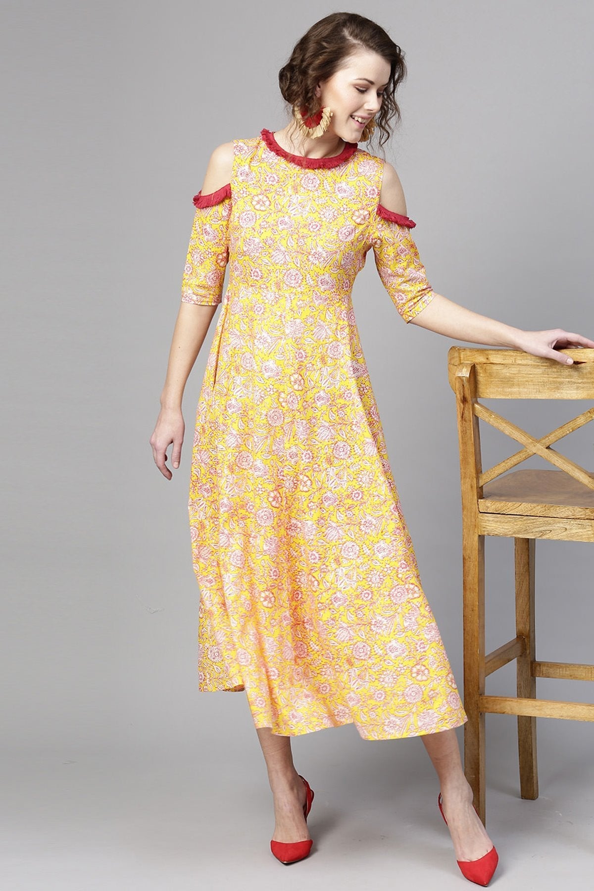 Women's Yellow Pink Floral Cold Shoulder Maxi - SASSAFRAS