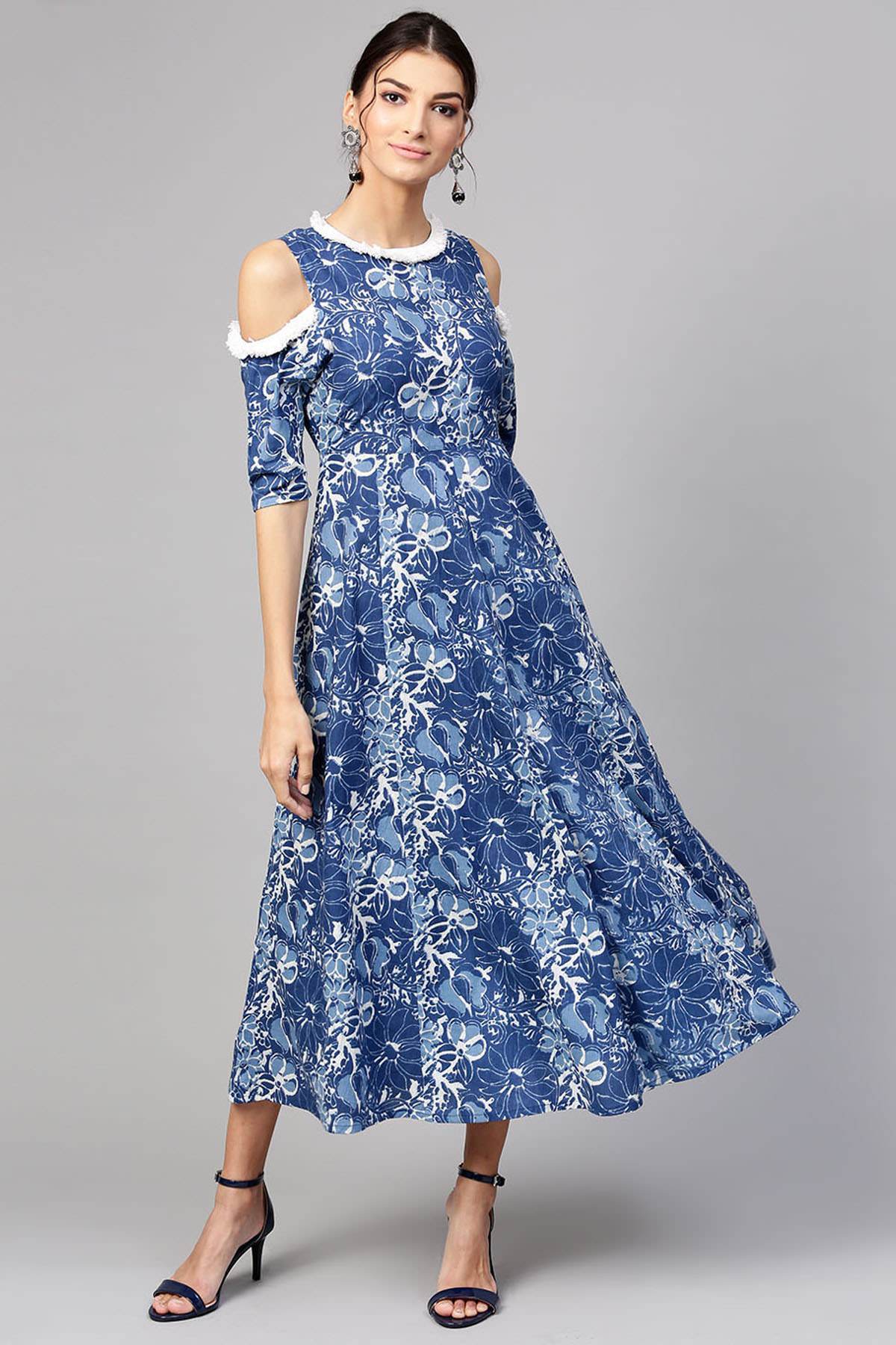 Women's Indigo Floral Cold Shoulder Maxi - SASSAFRAS