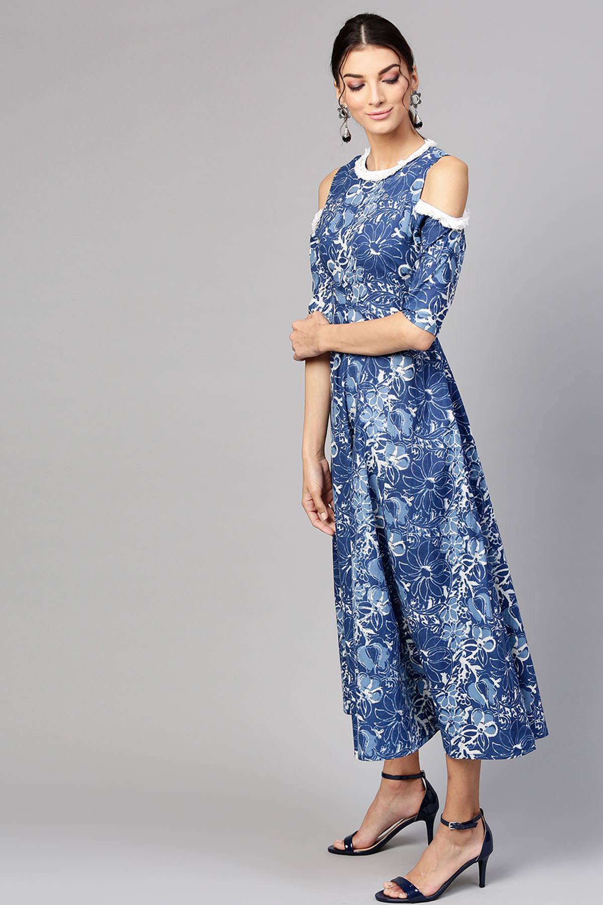 Women's Indigo Floral Cold Shoulder Maxi - SASSAFRAS