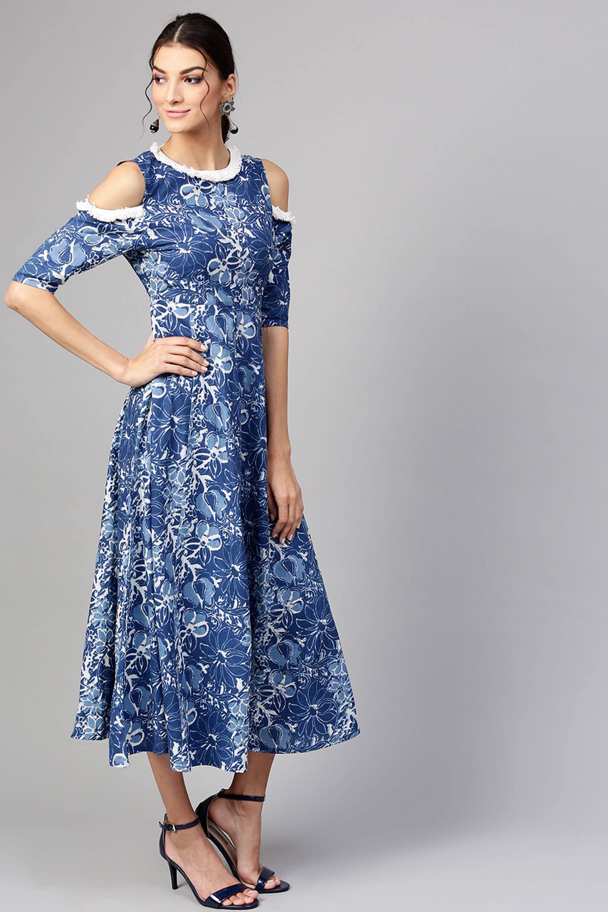 Women's Indigo Floral Cold Shoulder Maxi - SASSAFRAS