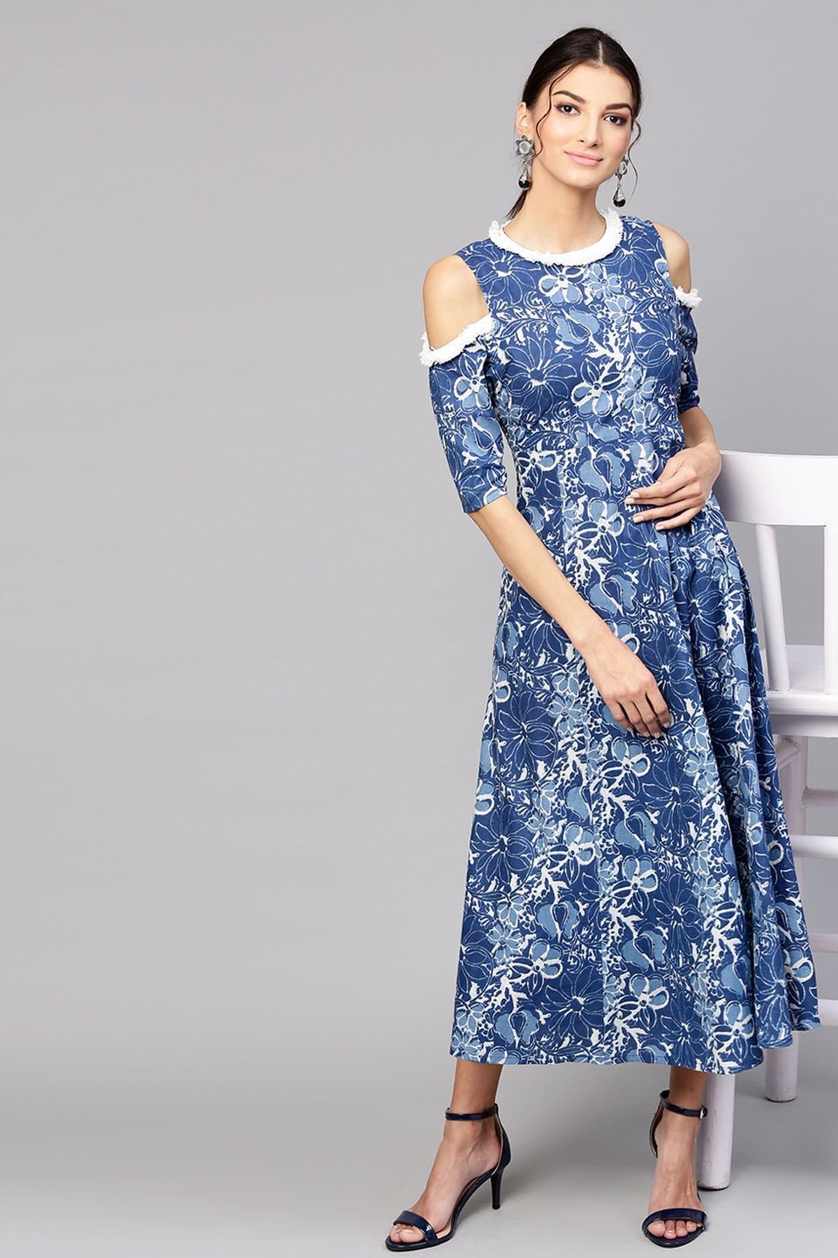 Women's Indigo Floral Cold Shoulder Maxi - SASSAFRAS