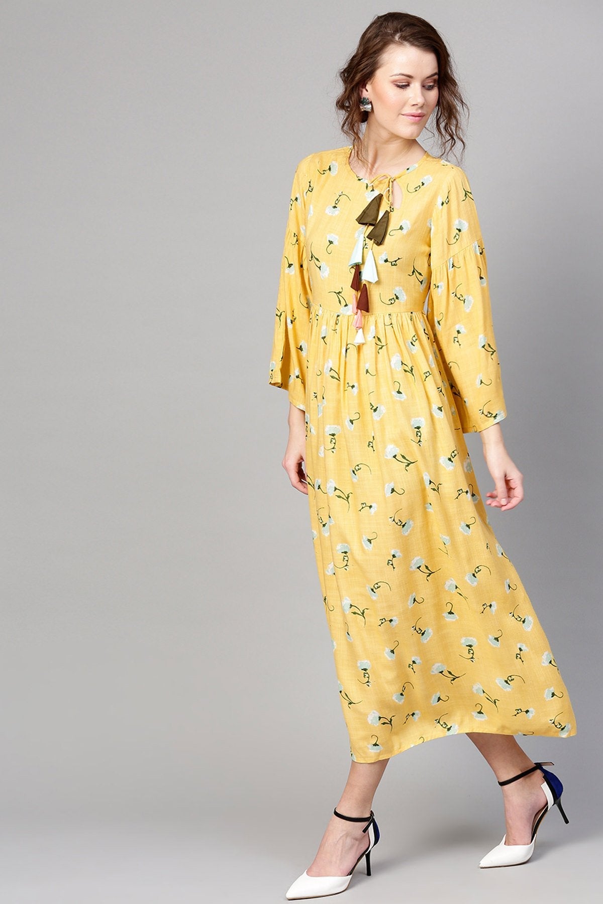 Women's Yellow Blue Floral Front Tassel Gathered Maxi - SASSAFRAS