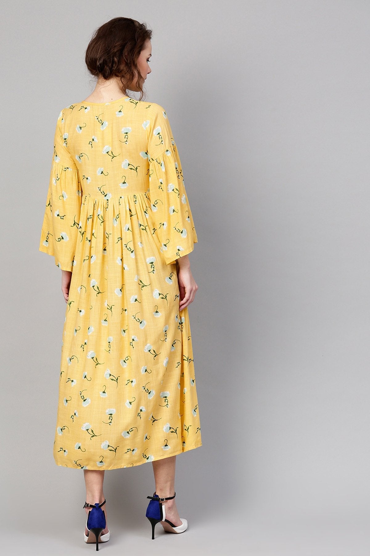 Women's Yellow Blue Floral Front Tassel Gathered Maxi - SASSAFRAS