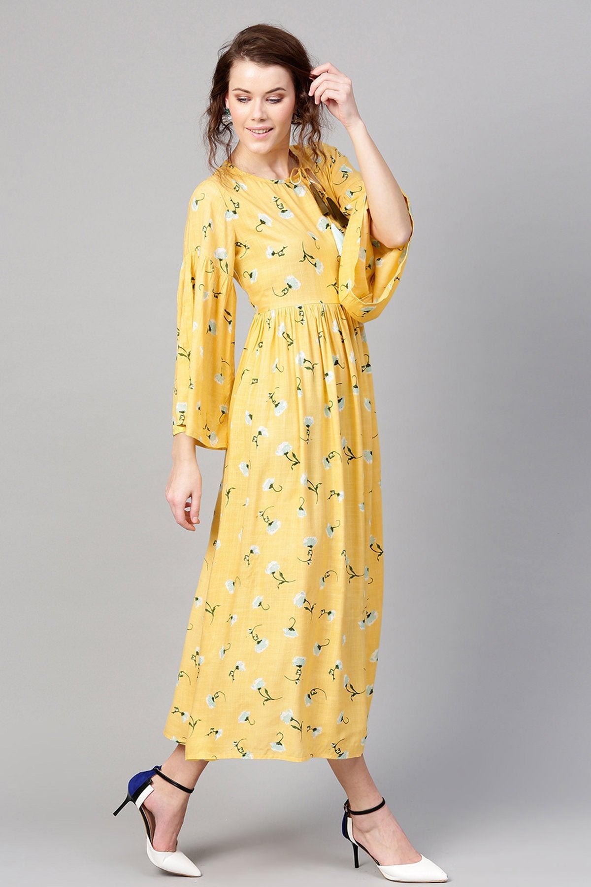 Women's Yellow Blue Floral Front Tassel Gathered Maxi - SASSAFRAS