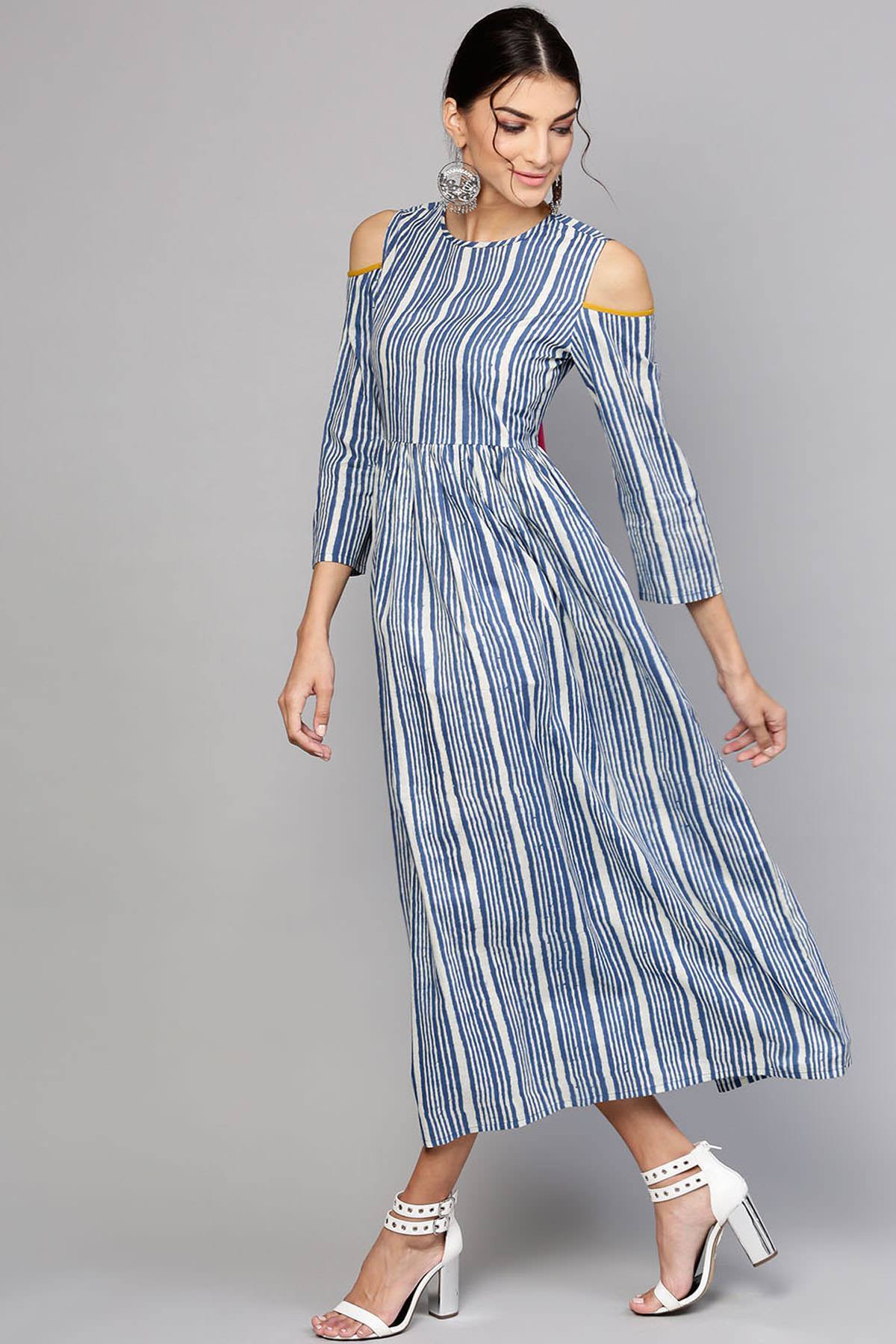 Women's Indigo Stripe Back Tassel Cold Shoulder Maxi - SASSAFRAS