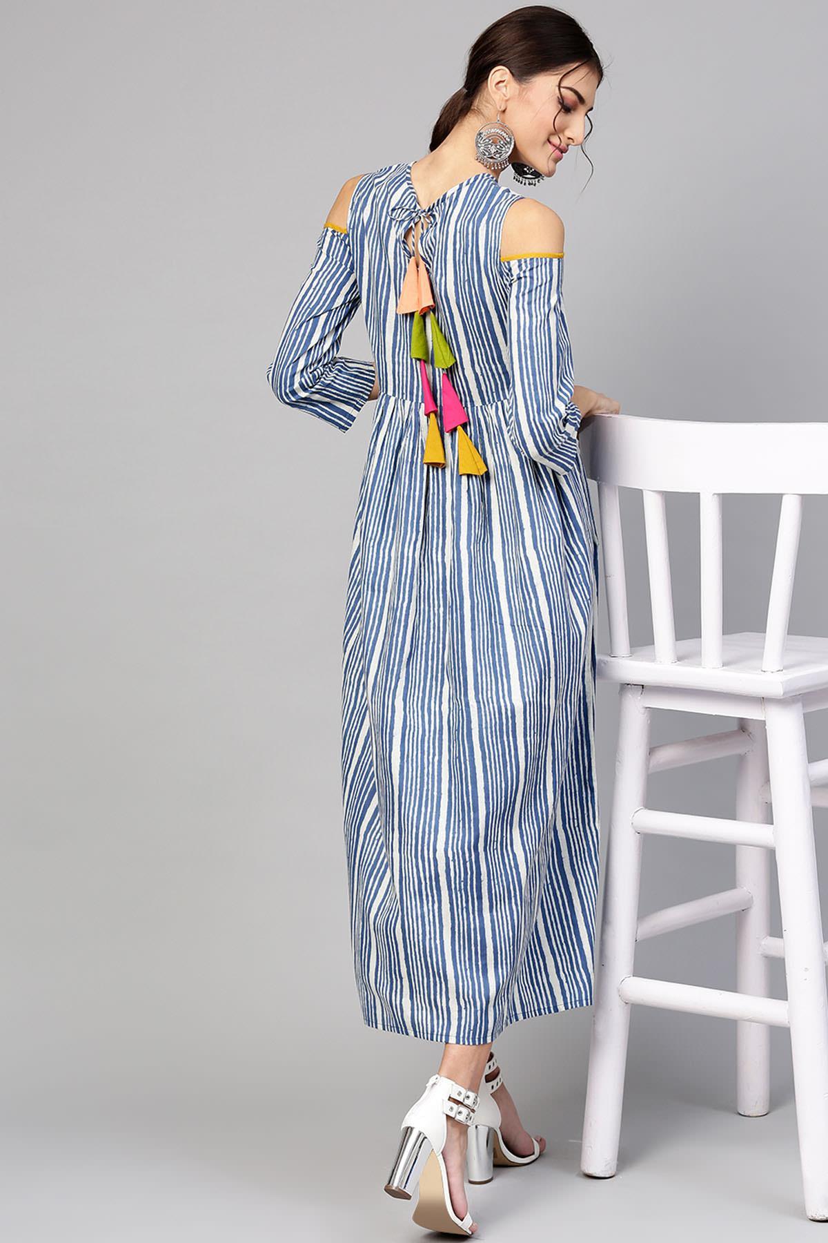 Women's Indigo Stripe Back Tassel Cold Shoulder Maxi - SASSAFRAS