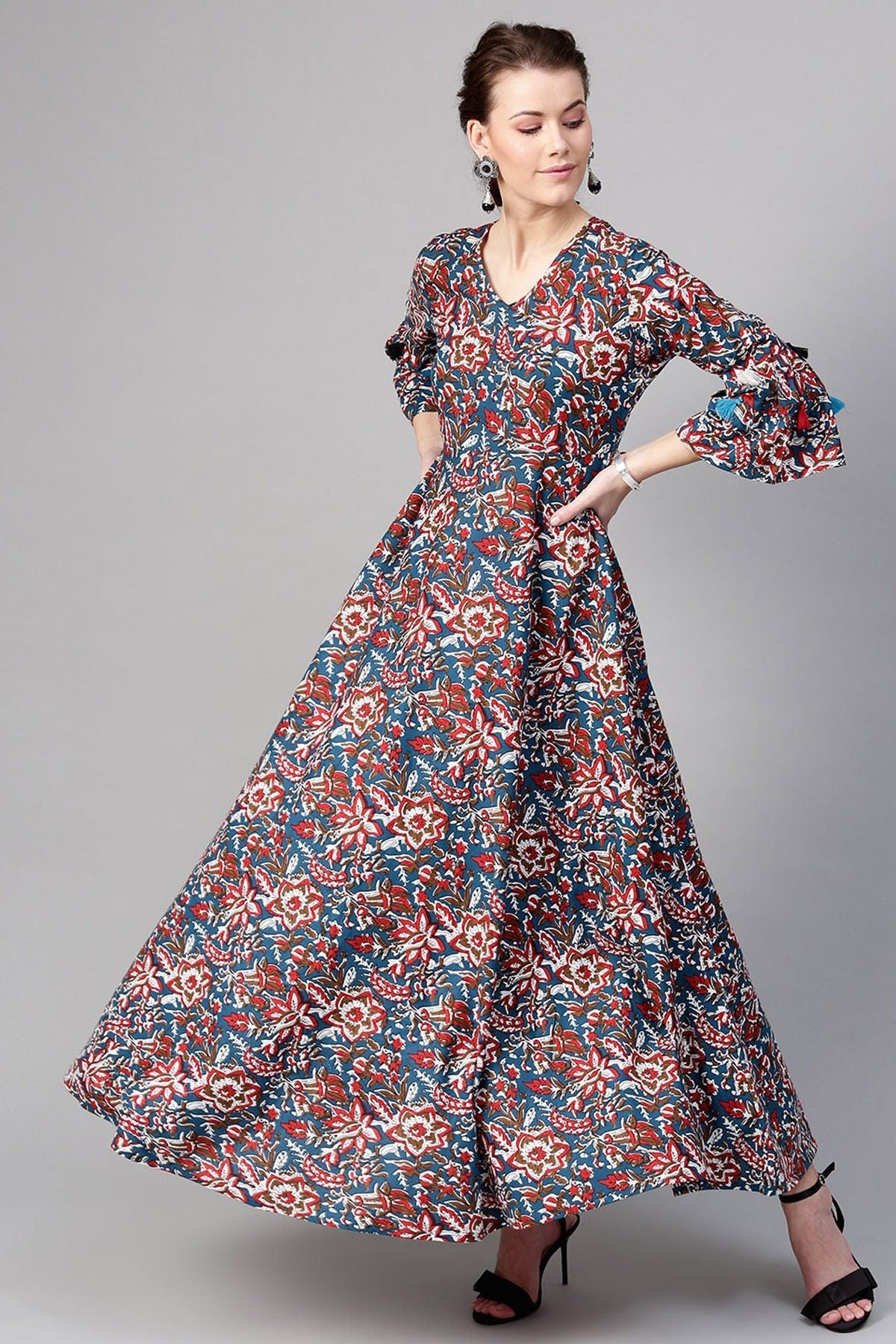 Women's Navy Red Floral Tiered Sleeves Maxi - SASSAFRAS