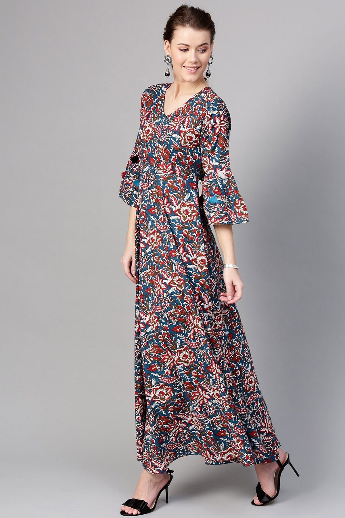 Women's Navy Red Floral Tiered Sleeves Maxi - SASSAFRAS