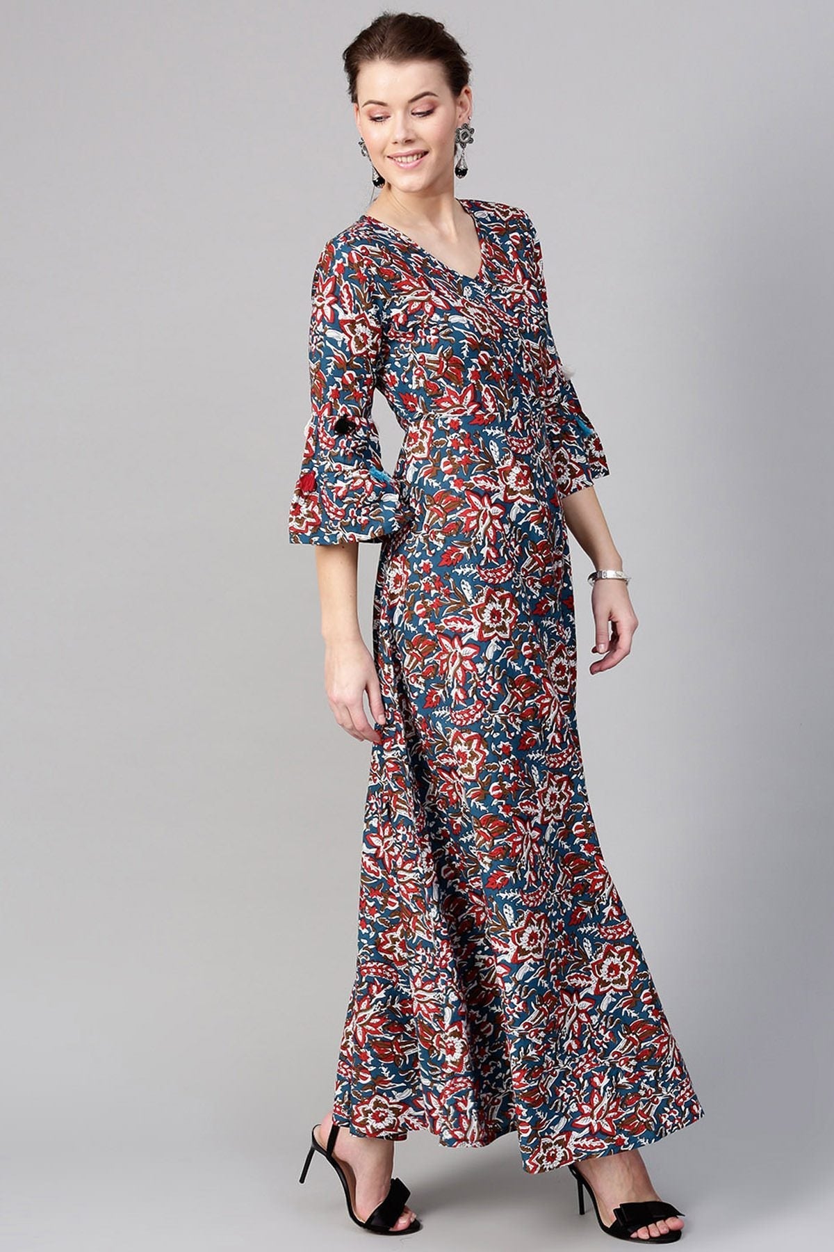 Women's Navy Red Floral Tiered Sleeves Maxi - SASSAFRAS