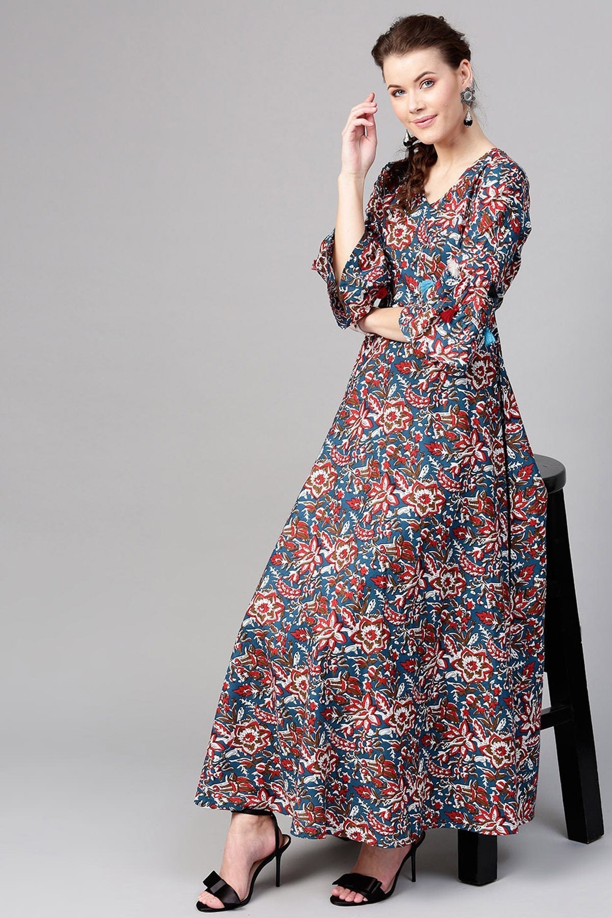 Women's Navy Red Floral Tiered Sleeves Maxi - SASSAFRAS