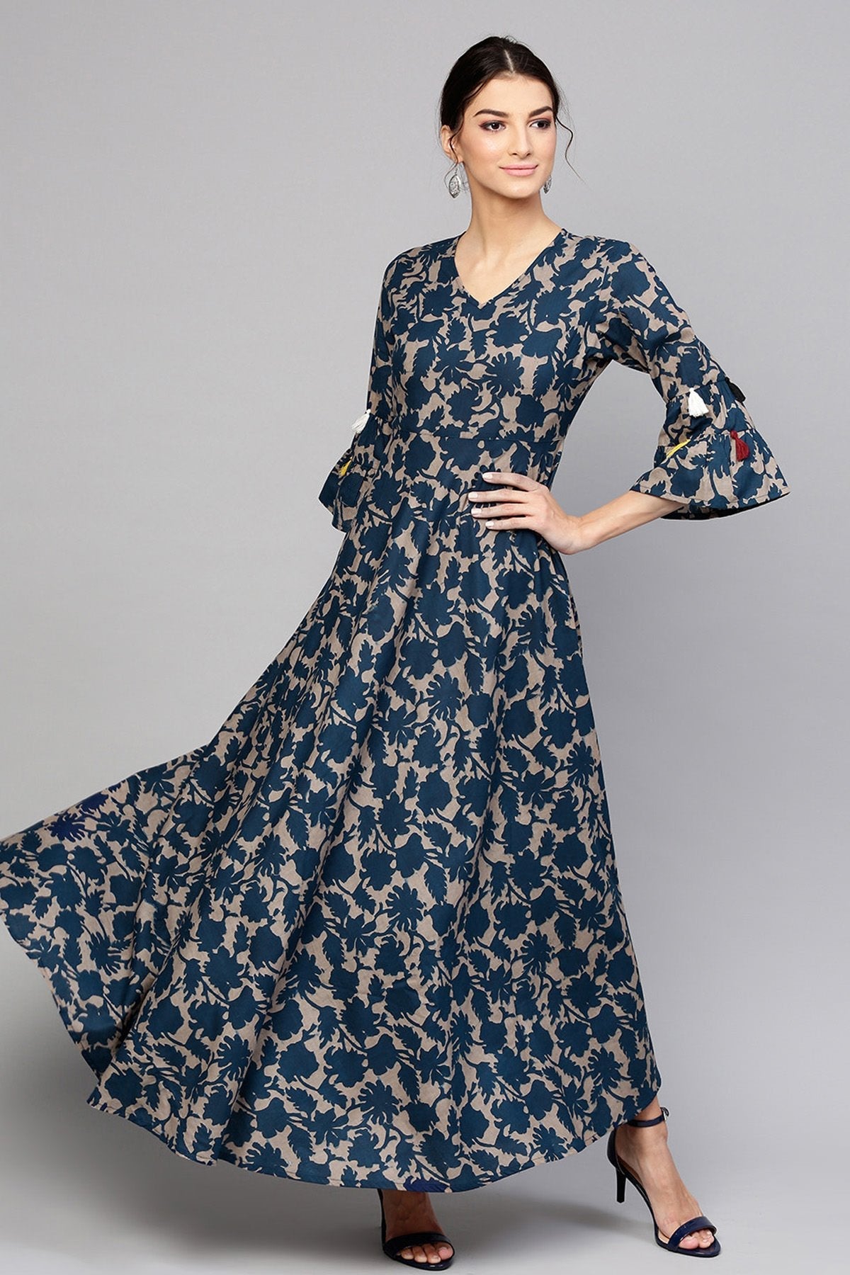 Women's Grey Indigo Floral Tiered Sleeves Maxi - SASSAFRAS