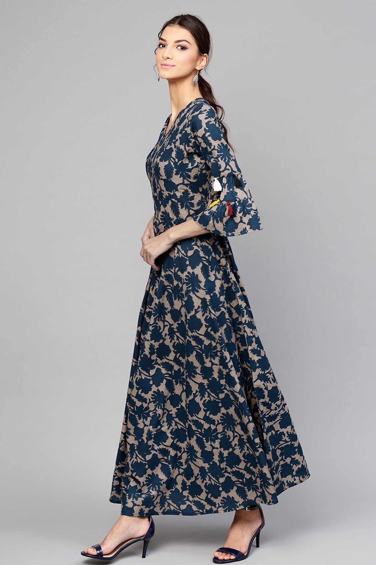 Women's Grey Indigo Floral Tiered Sleeves Maxi - SASSAFRAS