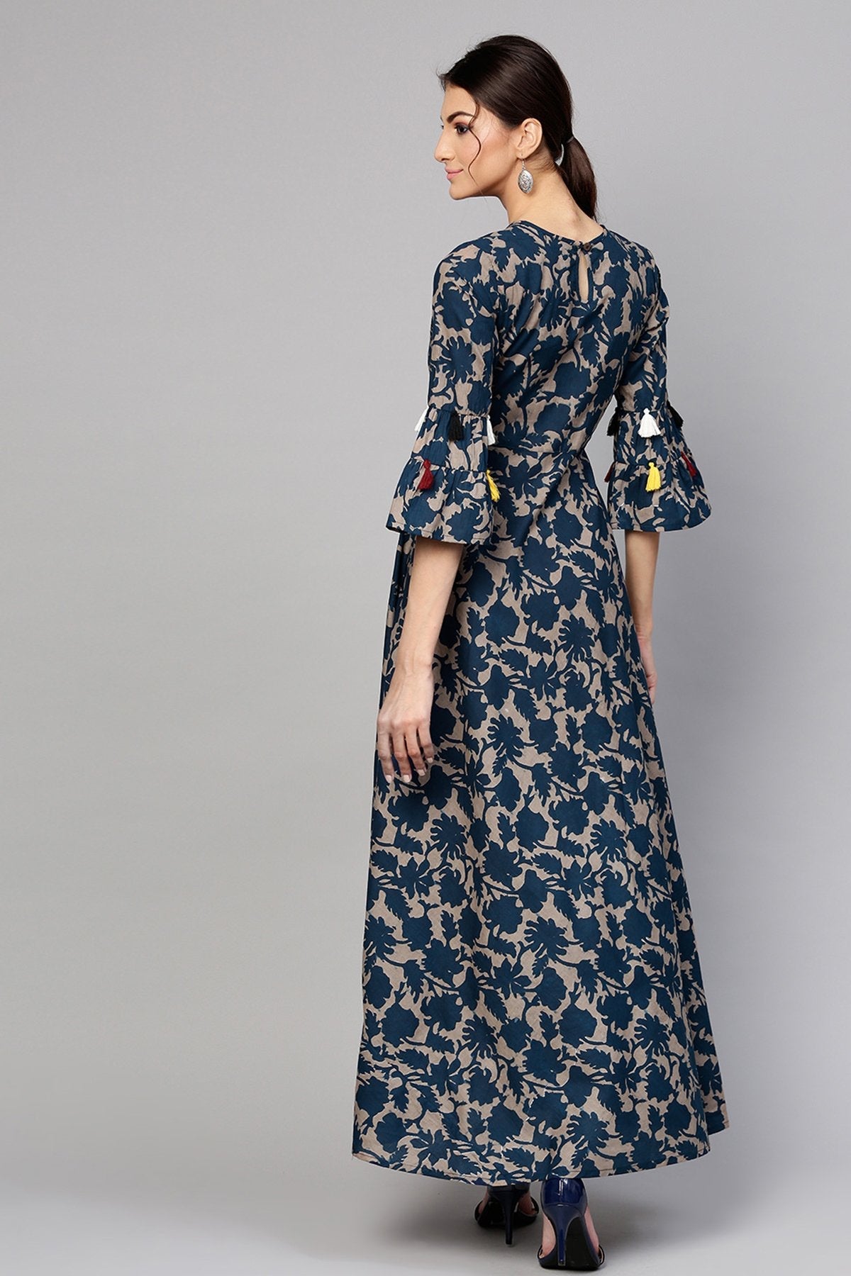 Women's Grey Indigo Floral Tiered Sleeves Maxi - SASSAFRAS