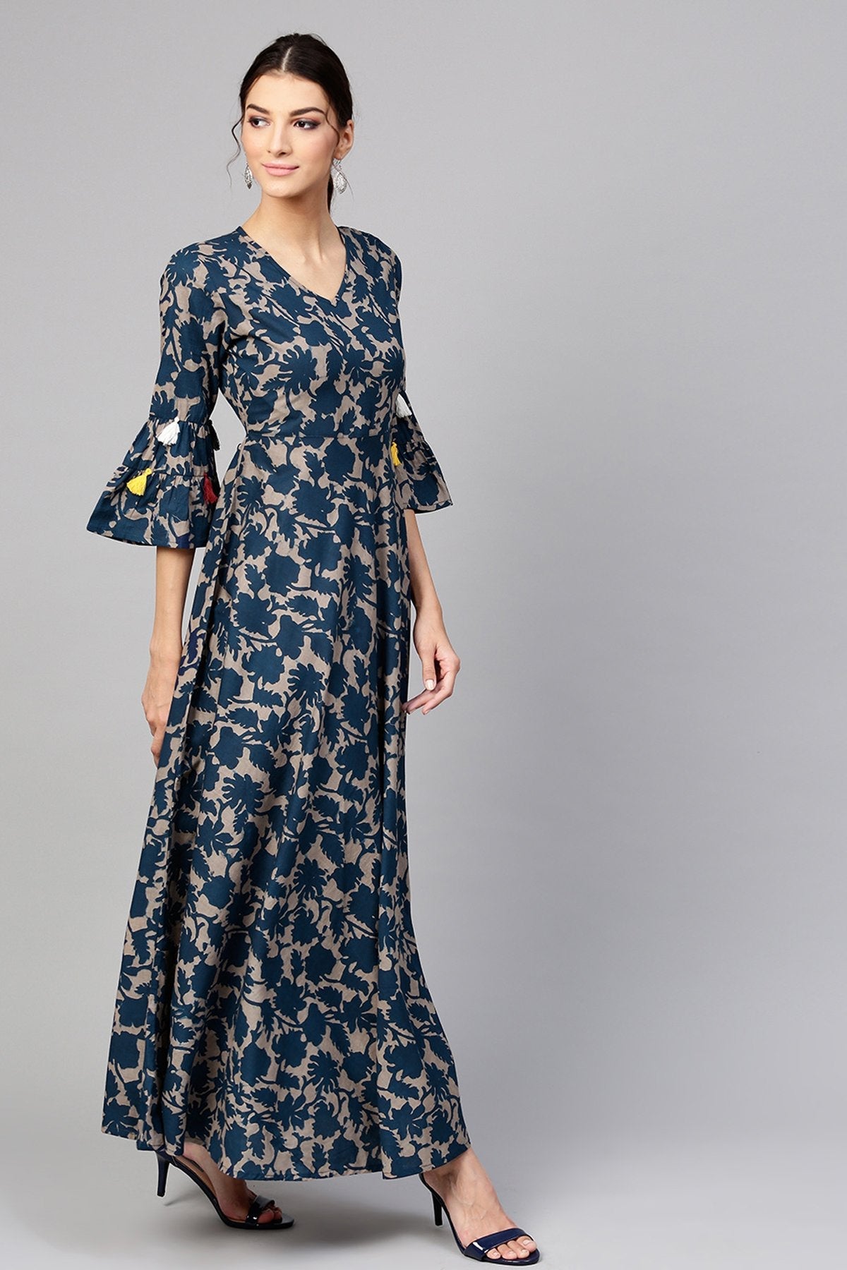 Women's Grey Indigo Floral Tiered Sleeves Maxi - SASSAFRAS