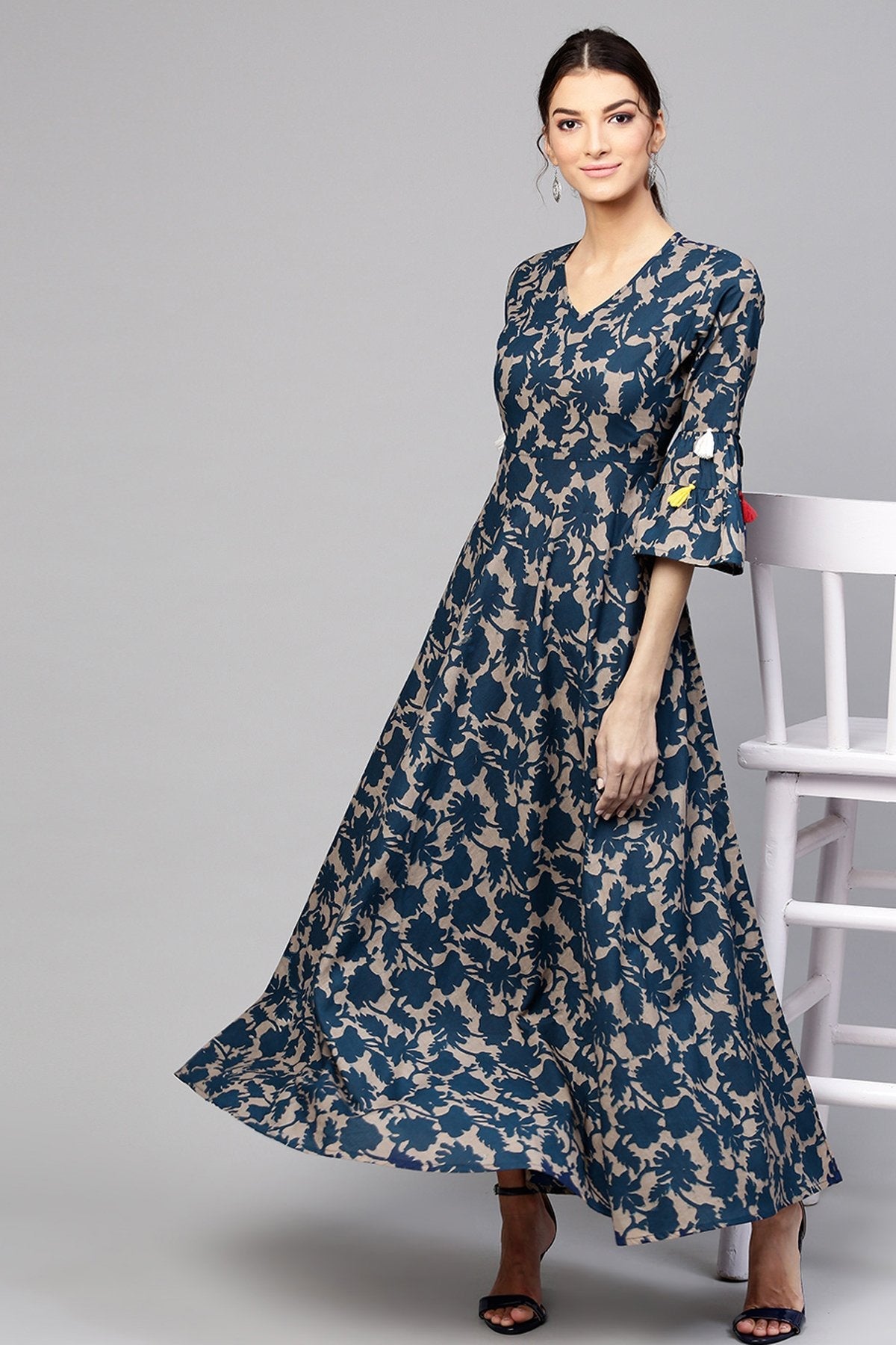 Women's Grey Indigo Floral Tiered Sleeves Maxi - SASSAFRAS