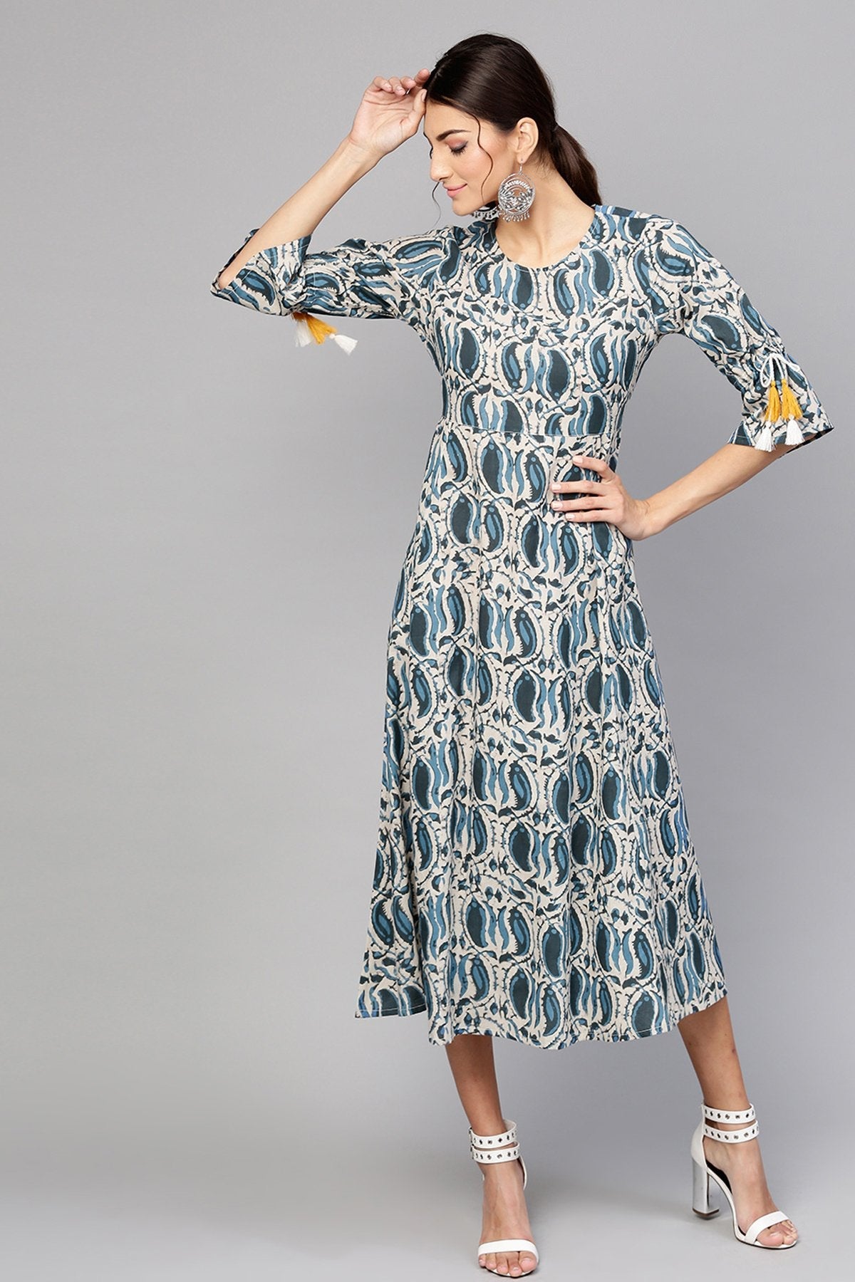 Women's Indigo Paisley Tie-Up Sleeve Dress - SASSAFRAS