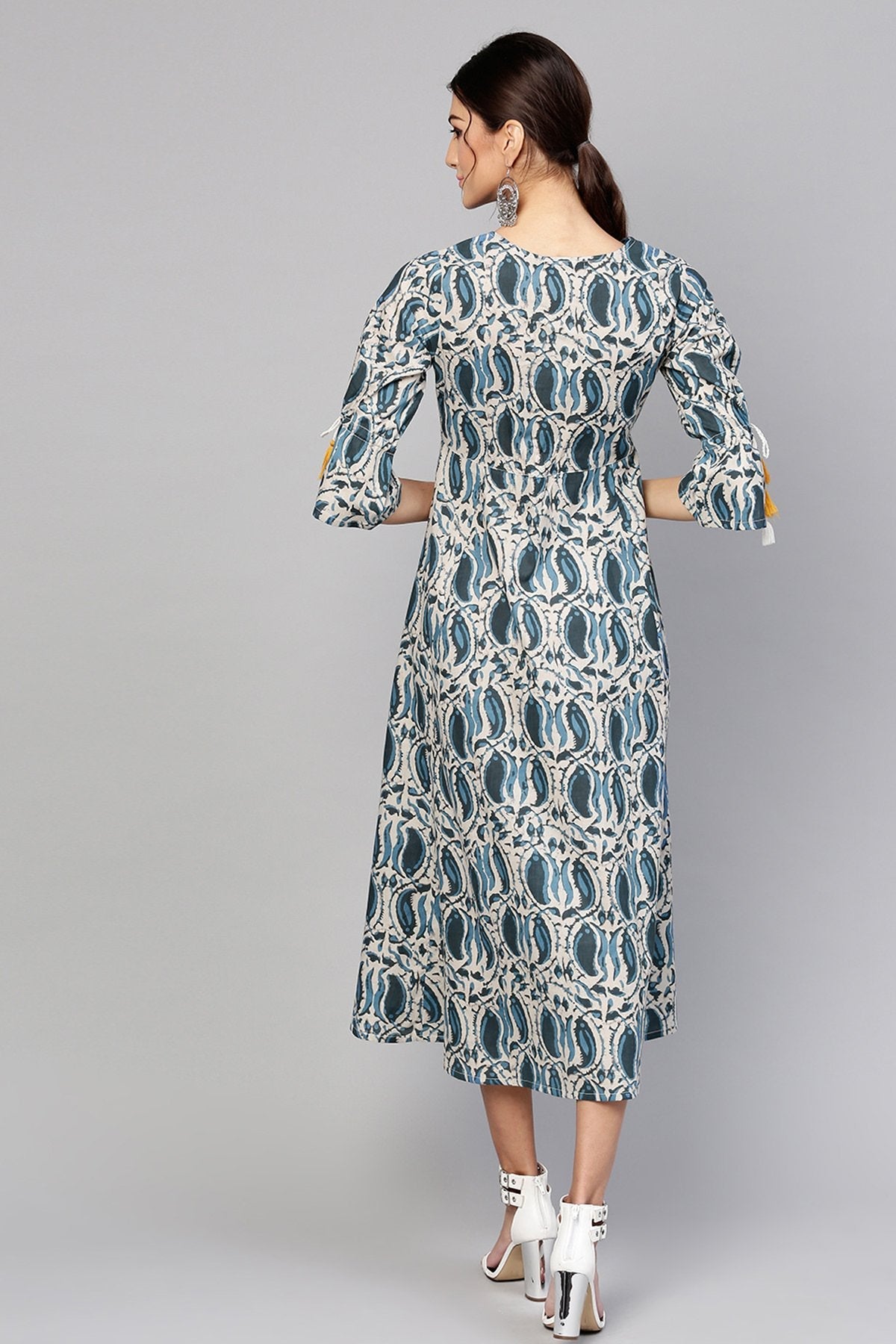 Women's Indigo Paisley Tie-Up Sleeve Dress - SASSAFRAS