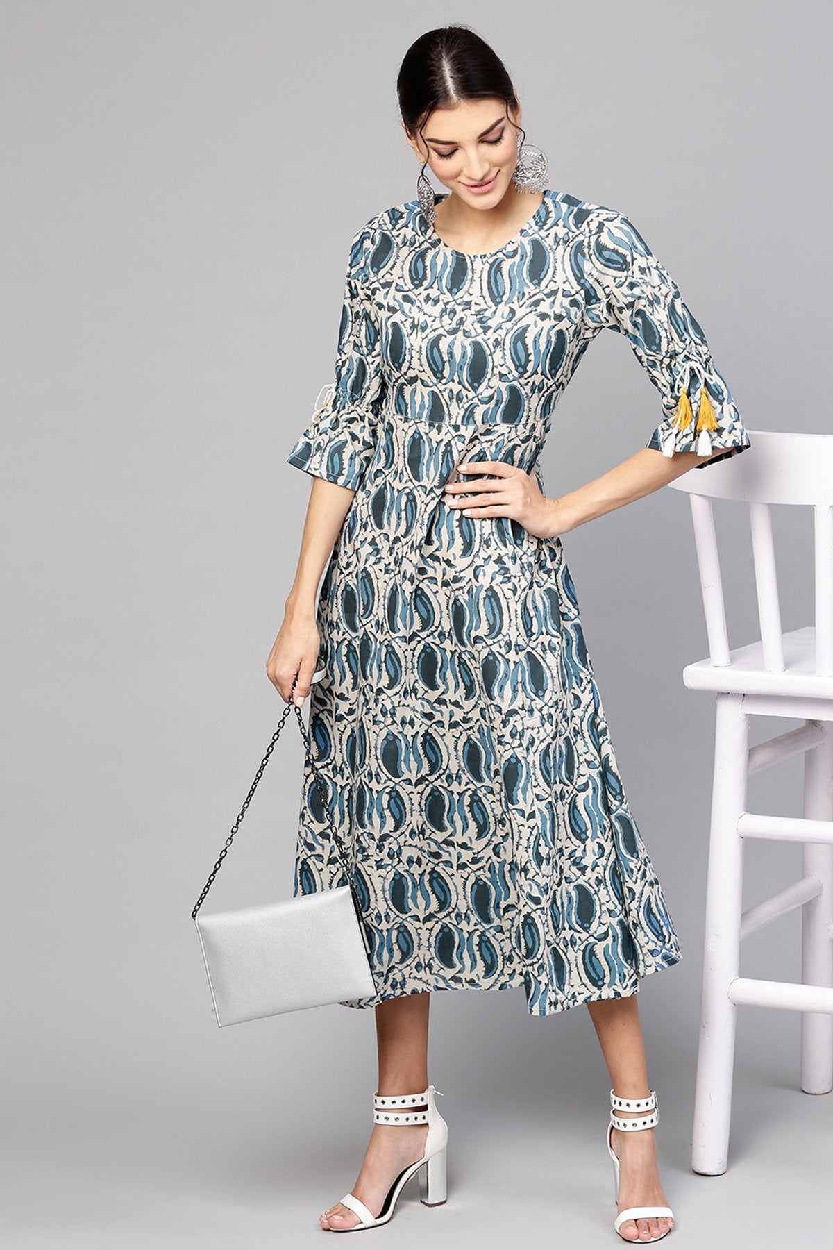 Women's Indigo Paisley Tie-Up Sleeve Dress - SASSAFRAS