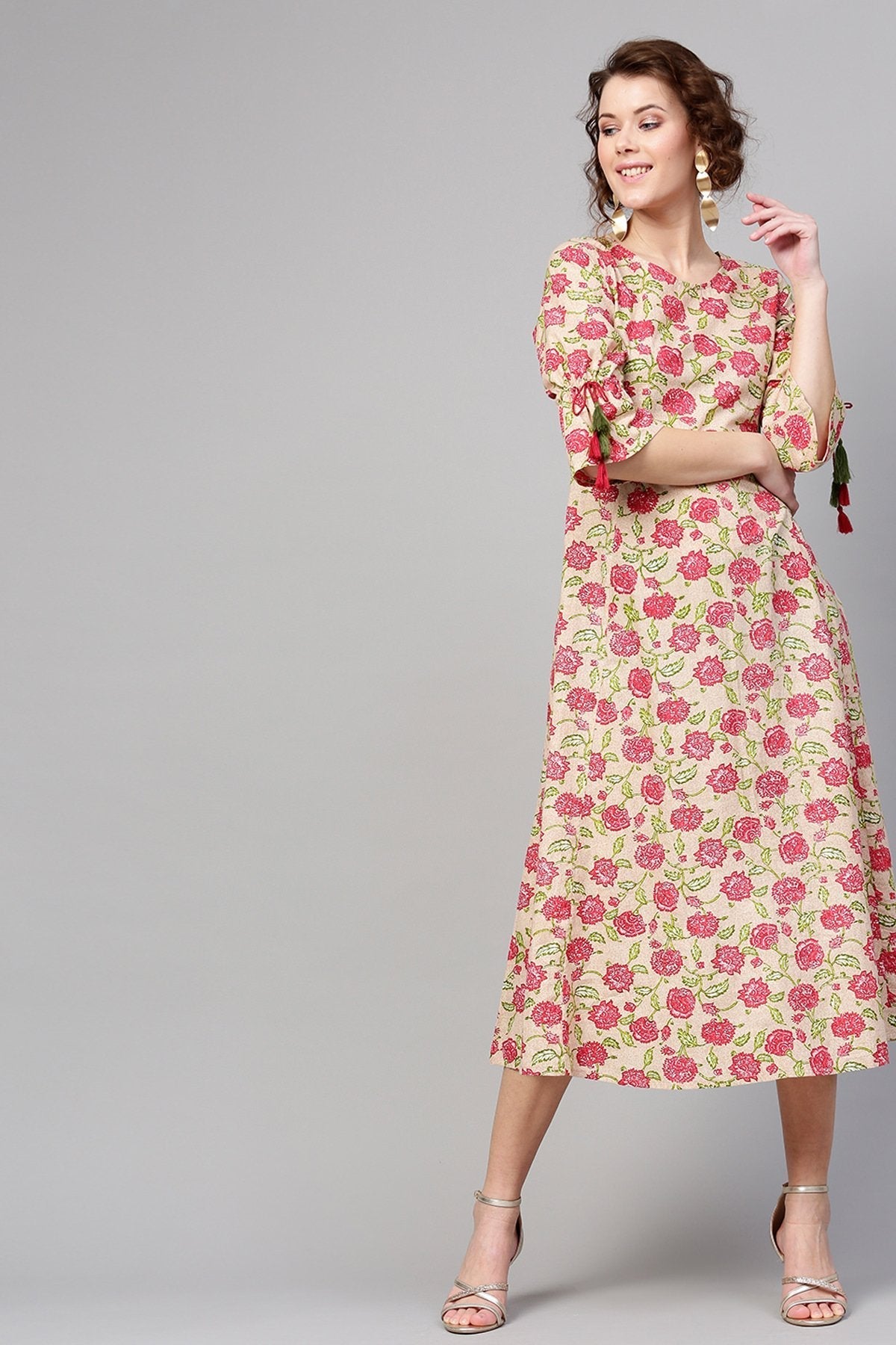 Women's Beige Pink Floral Tie-Up Sleeve Dress - SASSAFRAS