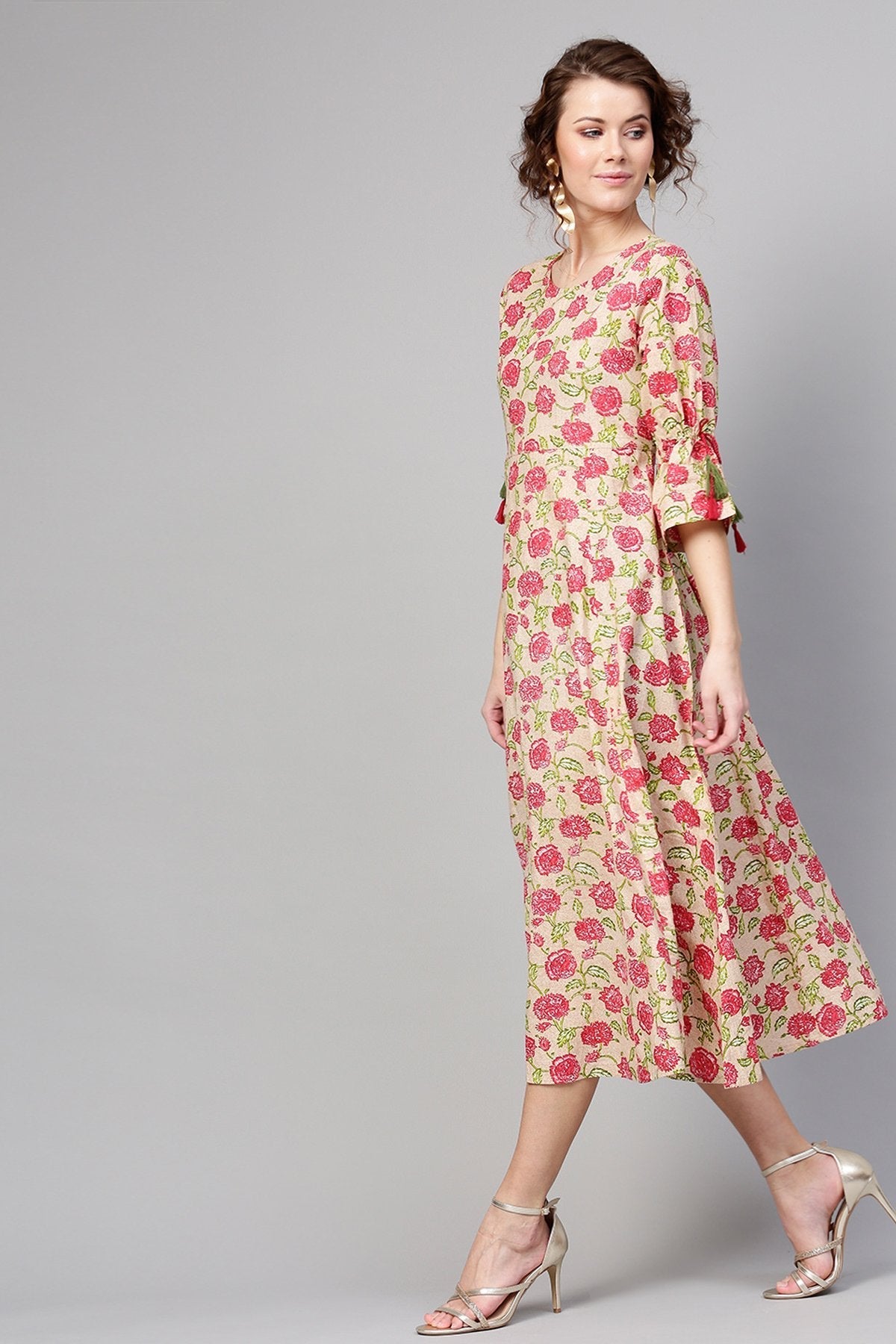 Women's Beige Pink Floral Tie-Up Sleeve Dress - SASSAFRAS